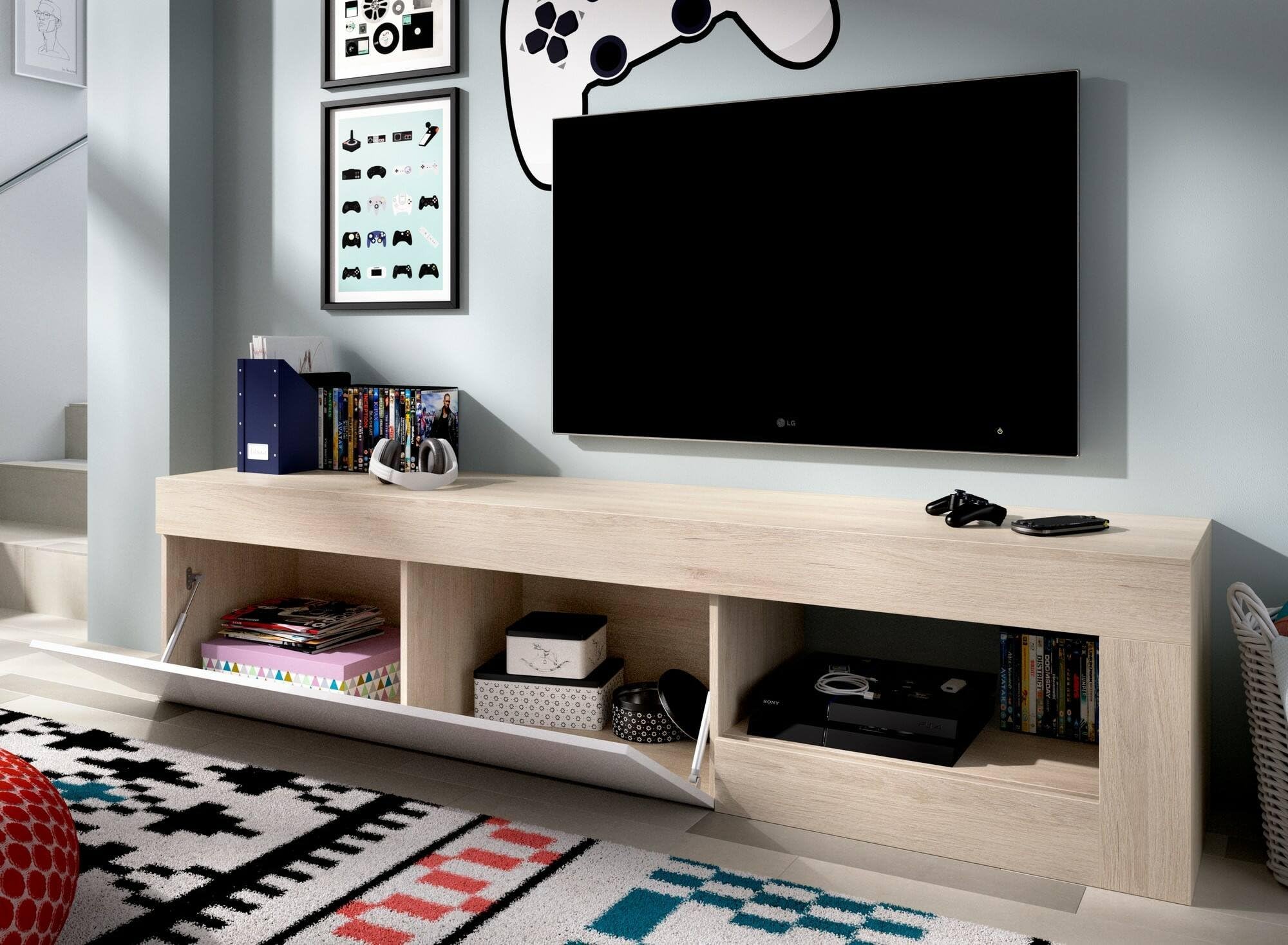 Dmora - Mobile porta TV Averau, Credenza bassa da soggiorno, Madia da salotto per televisione, 204x42h48 cm, Rovere e Bianco