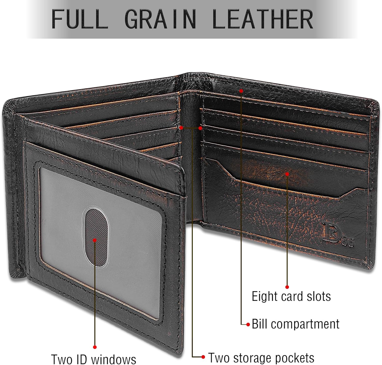 DK86 Deer Bifold Wallet for Men RFID Blocking Full Grain Leather With Hand Burnished Extra Capacity Multiple Card Slots with 2 ID Windows (black orange with deer) - Image 5