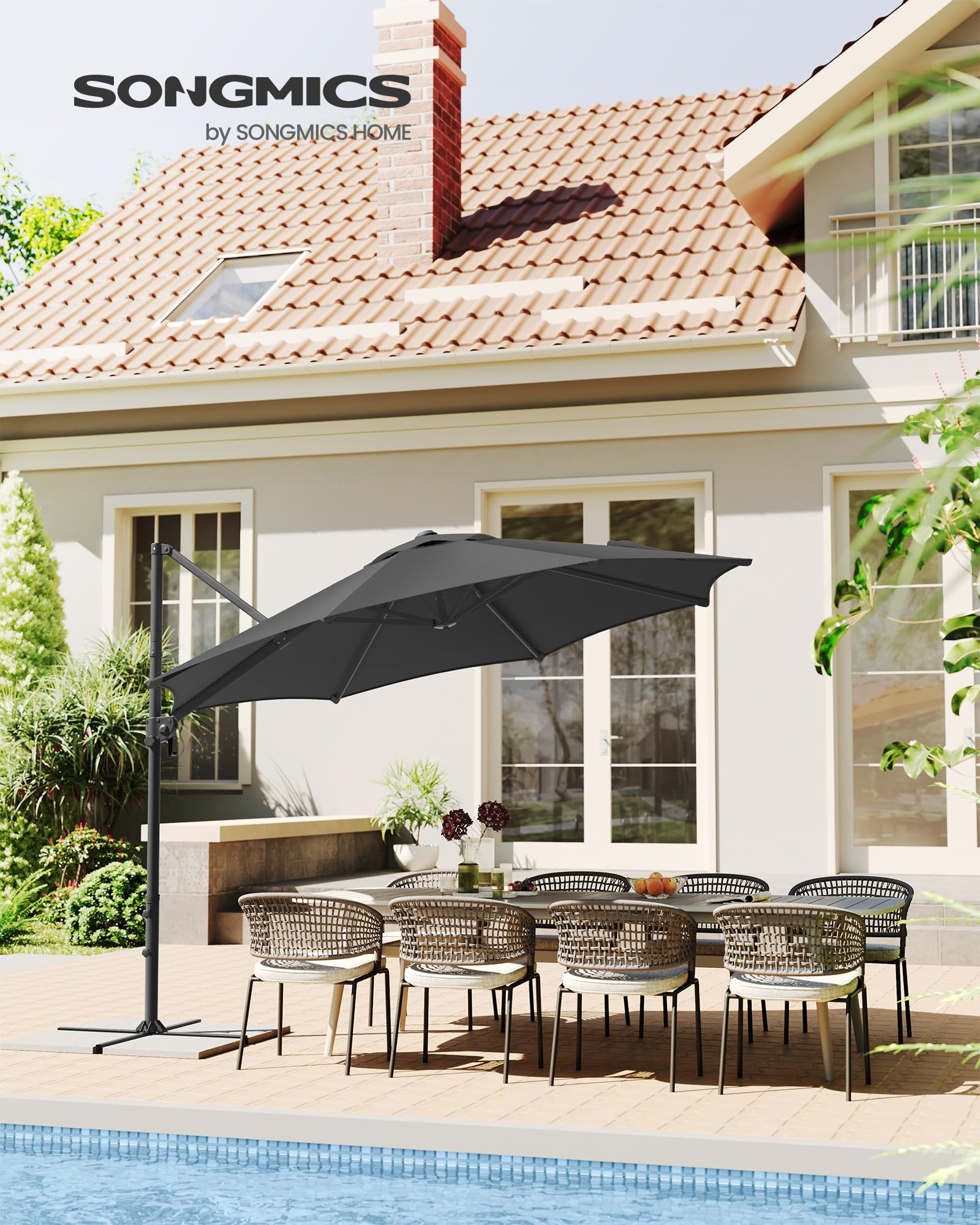 SONGMICS Parasol de Jardin 300 cm, UPF 50+, Parasol d Extérieur, Pivotant à 360°, Inclinaison Fluide, Manivelle, avec Base en Croix, Gris GPU074G02
