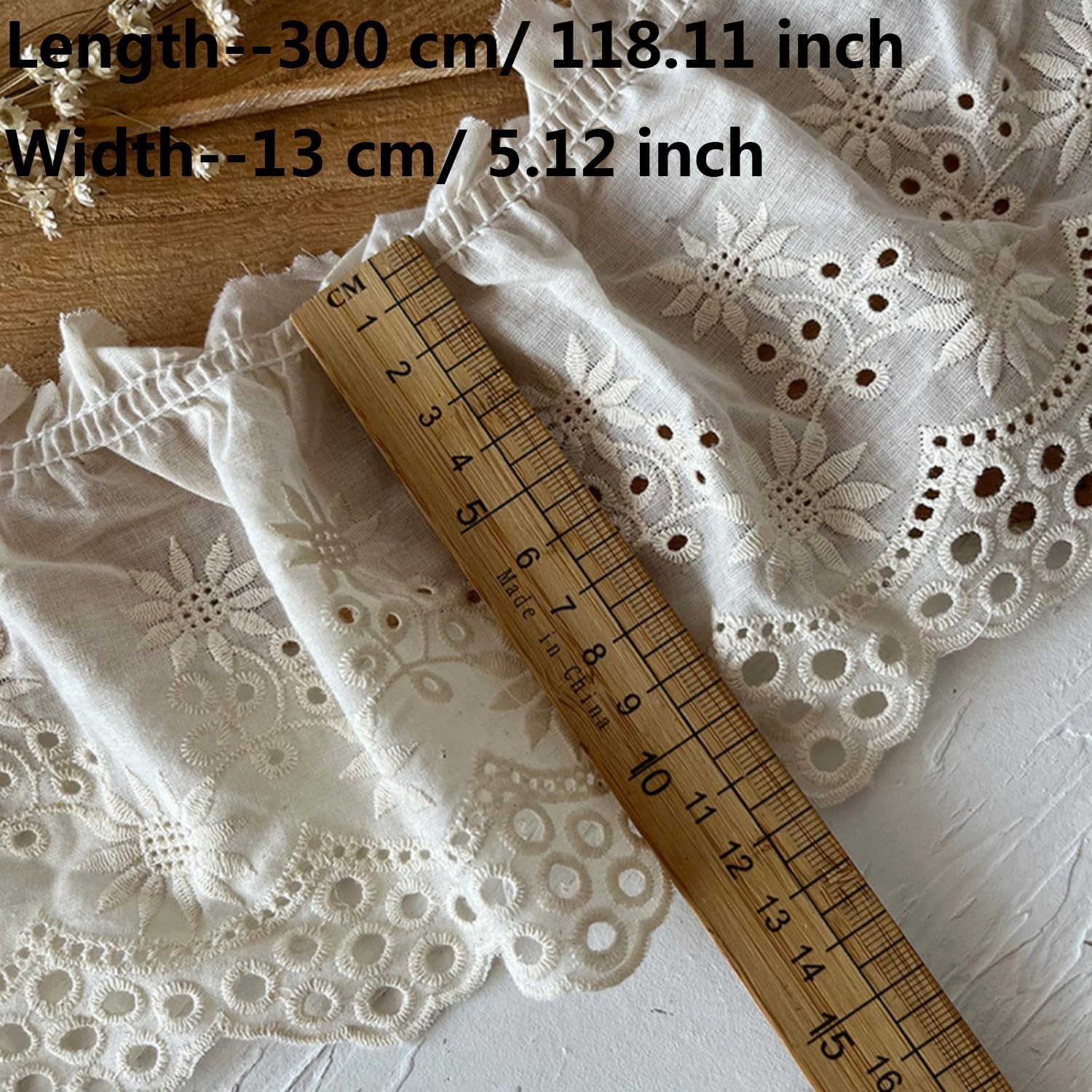 Eyelet Cotton Lace Trim Beige Embroidery Flower Ruffle Ribbon Pleated Edge Trim for Cuffs Skirt Dress Sewing DIY Material, 196.85 inch Length
