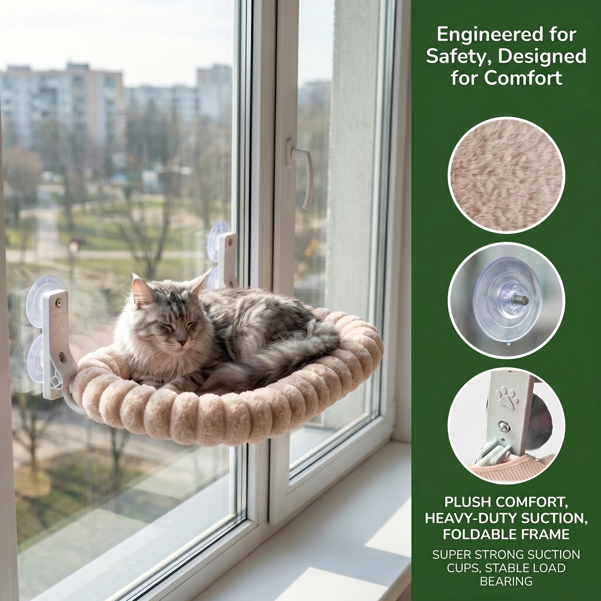 Katzen Fensterliege mit Saugnäpfen, Faltbares Katzenbett für Fensterbank, Fensterliege für Katzen, Robustes Katzenhängematte Fenster bis 18kg, Beige, M(52x30 cm)