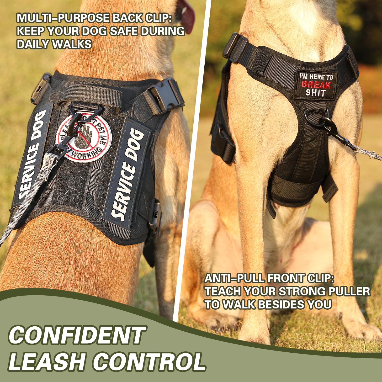 Belababy Tactical Anti Pull Dog Harness Small Medium Large, Adjustable Front Clip Service Dog Vest with Handle - Image 3