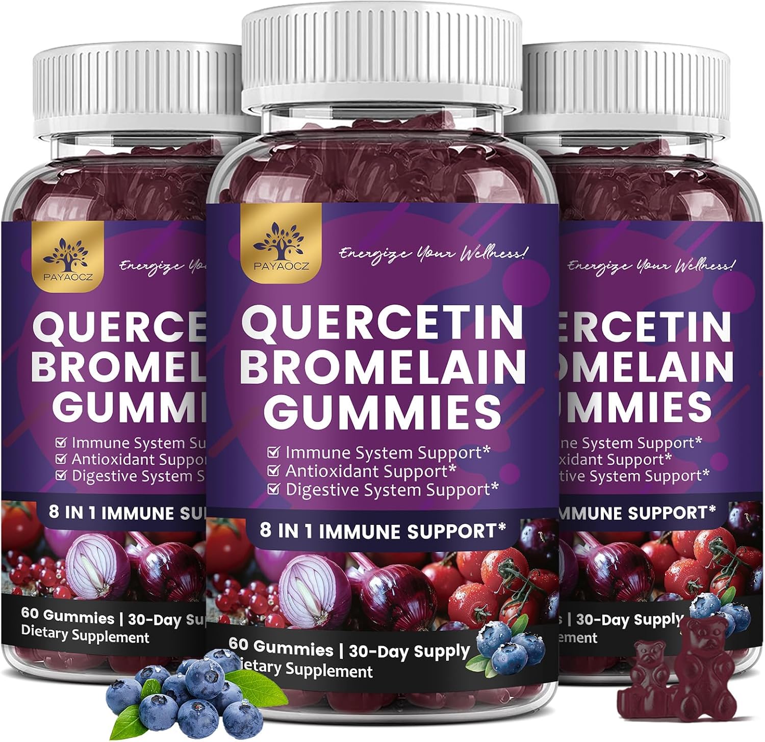 (3 Pack) Quercetin Gummies with Bromelain Zinc Elderberry Vitamin C D3 K2, Quercetin 1000mg Supplement with Bromelain 500mg for Cardiovascular, Immune System & Allergy, Vegan Gummy for Adult & Kid