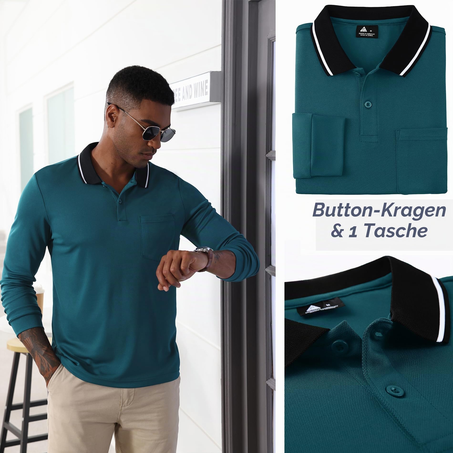 JACKETOWN 3er Pack Poloshirt Herren Langarm Atmungsaktiv Poloshirt Set Knopfkragen Arbeitshemd Golf Polohemd Frühling Herbst Arbeits T Shirt mit Tasche