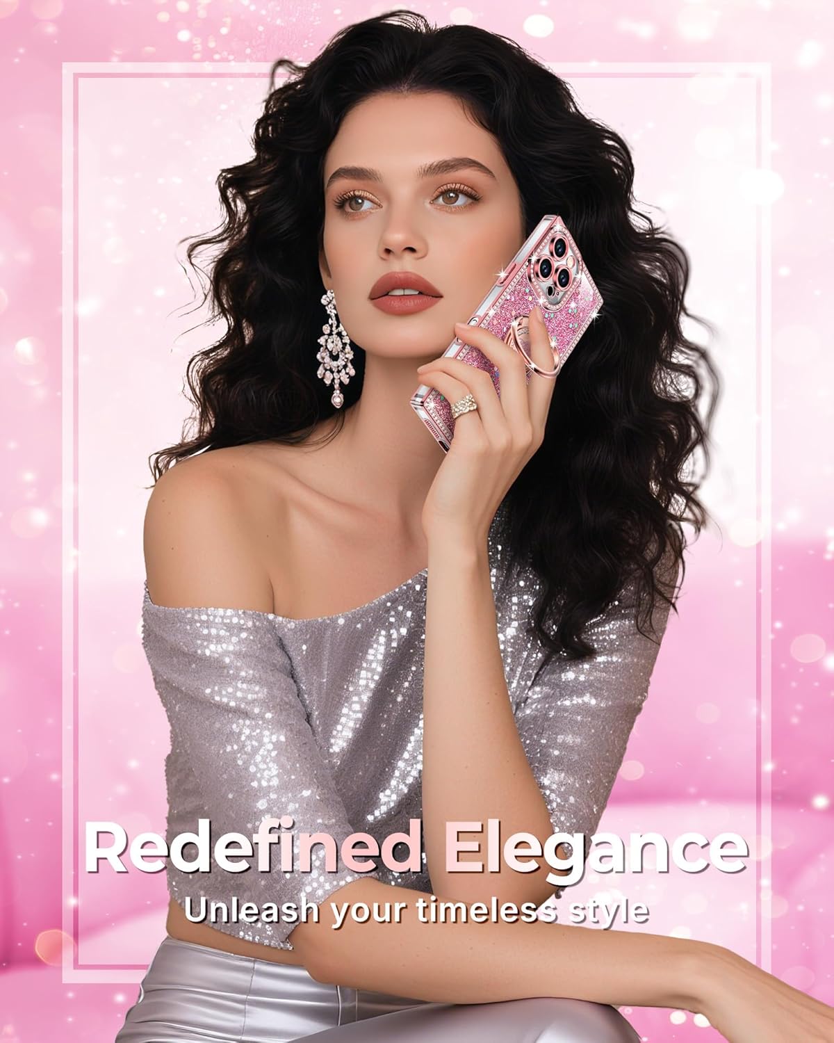 XYZ for iPhone 16 Pro Max Case, Glitter Bling Phone Cover with 2-Ring Heart Stand & Lanyard, Women Girls Luxury Rhinestone Shockproof Protective Case for iPhone 16 Pro Max, Pink - Image 5