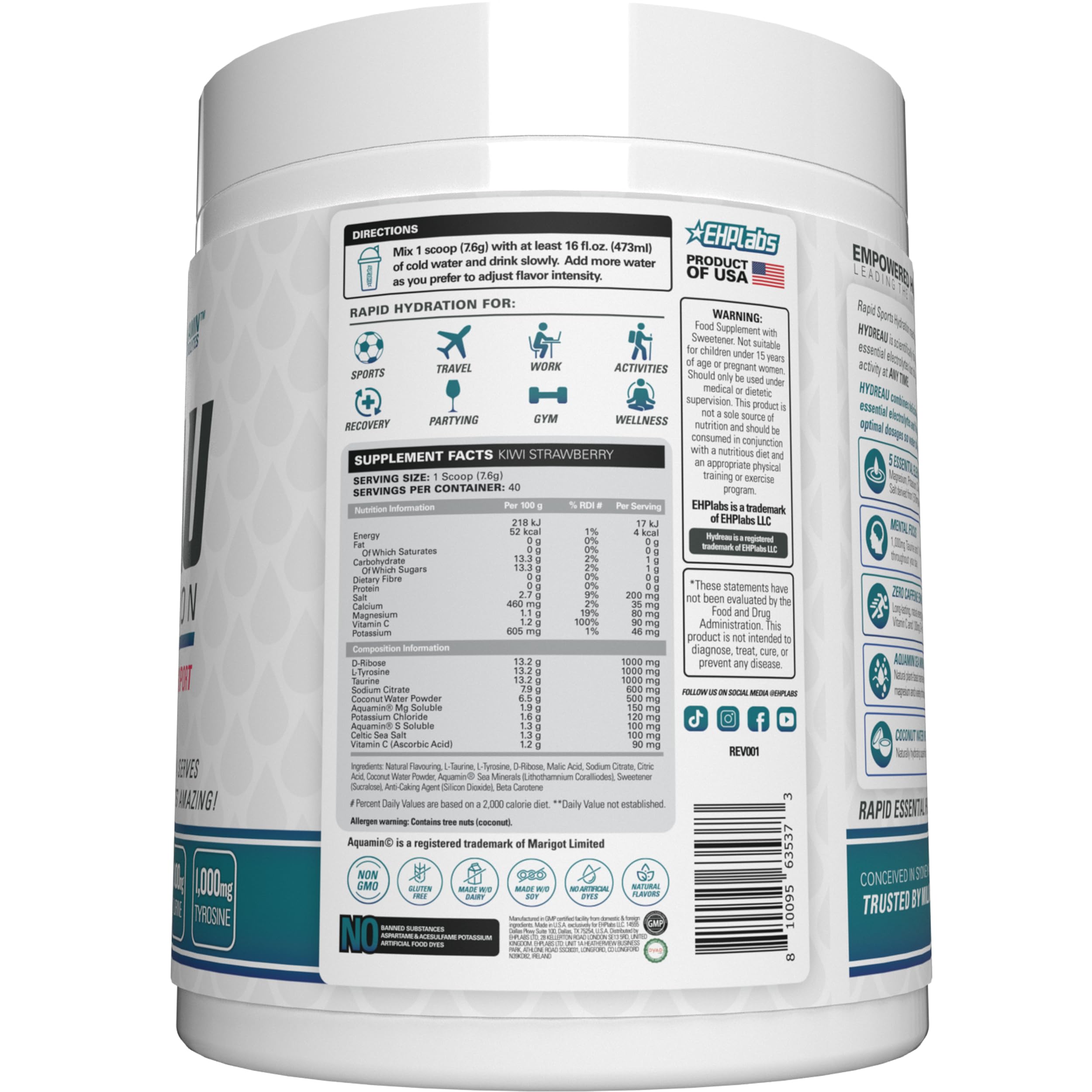 EHP Labs Hydreau Electrolytes Poudre sans sucre – Poudre d'hydratation pour endurance et énergie – Poudre d'électrolytes pour homme et femme – Électrolytes sans sucre – Fraise kiwi (40 portions)