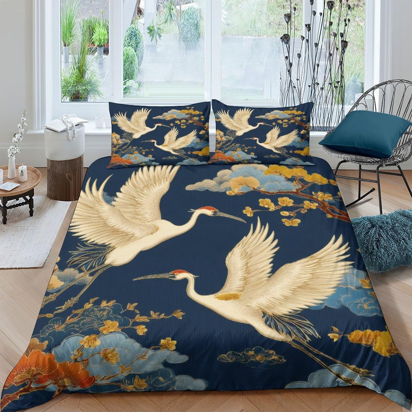 Ctjqhvkz Style-6 3D Printed Crane Bird Fitted Sheet Microfiber Navy Blue Japanese Art Mattress Cover For Bedroom Guestroom Decor Single（135X200cm）