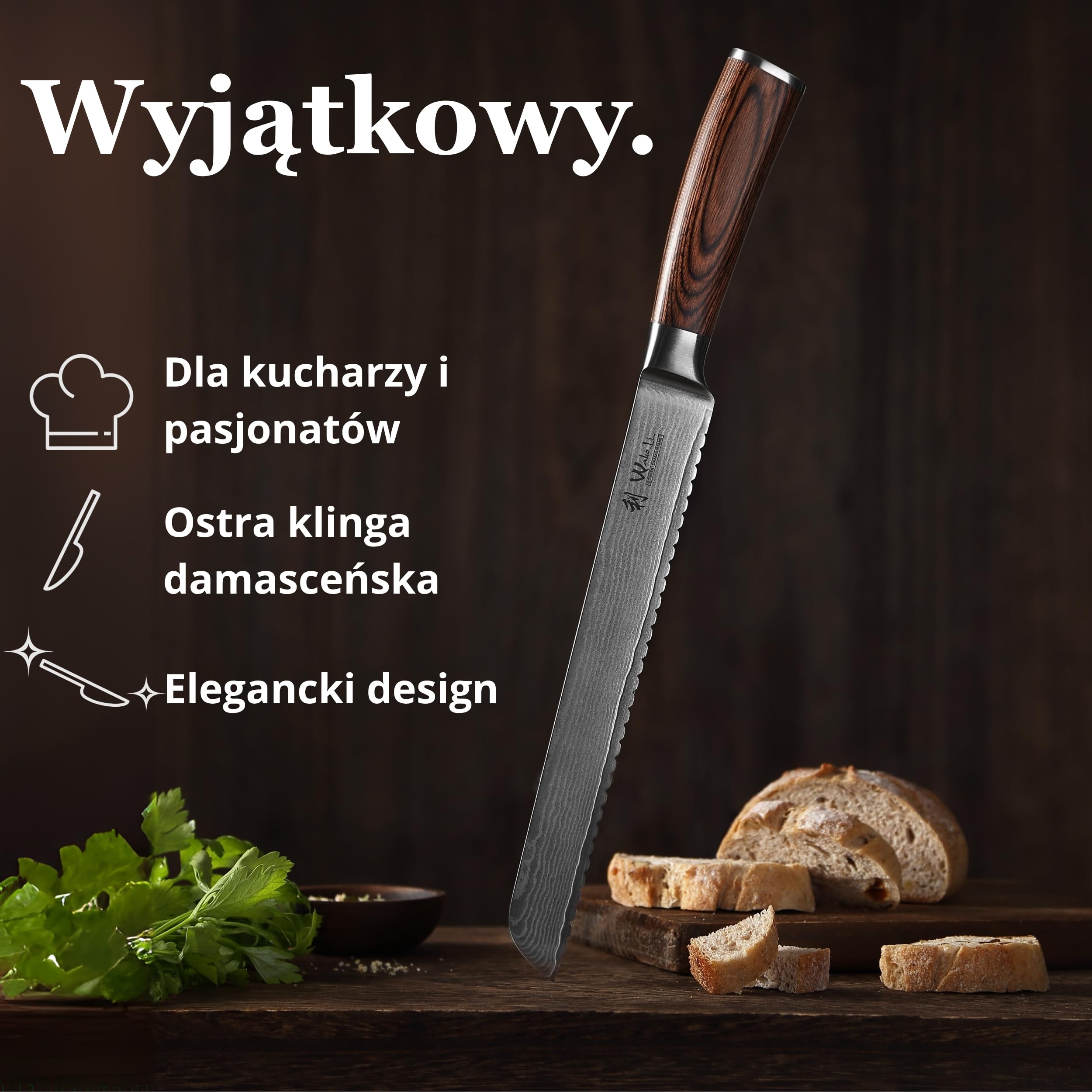 Wakoli EDIB nóż do chleba z ząbkowanym ostrzem ze stali damasceńskiej z rdzeniem VG10, ostrze 23 cm, ergonomiczna rękojeść z drewna Pakka, pudełko prezentowe, do dużych bochenków chleba