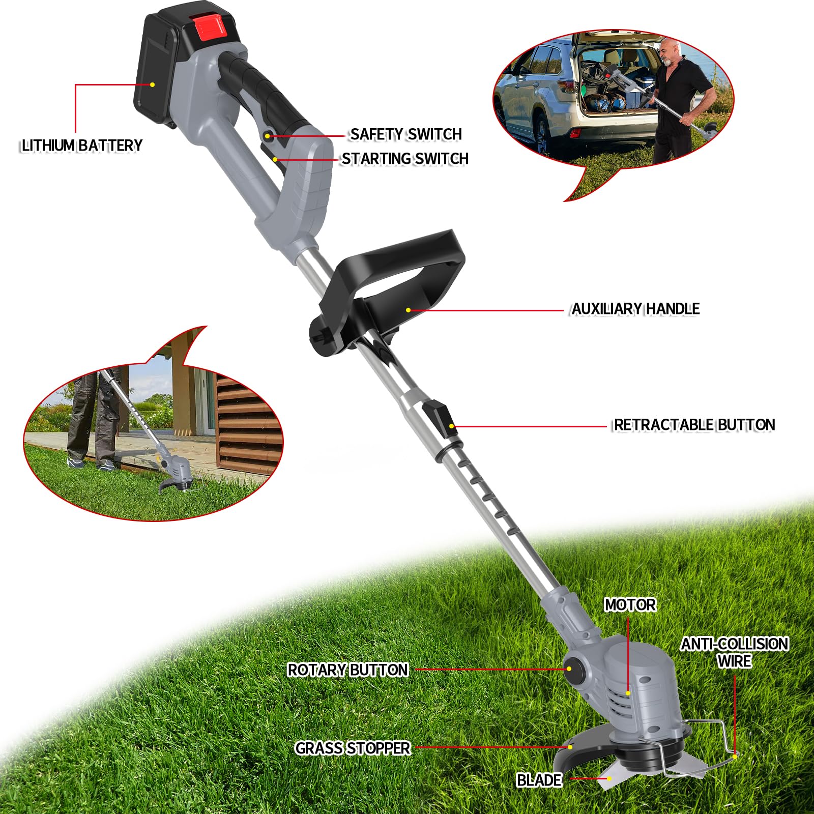 Desbrozadora de batería de 21 V, corte de borde inalámbrico 3 en 1, con 2 baterías de 4,0 Ah, cortasetos eléctrico para jardín, cortapelos para césped de jardín