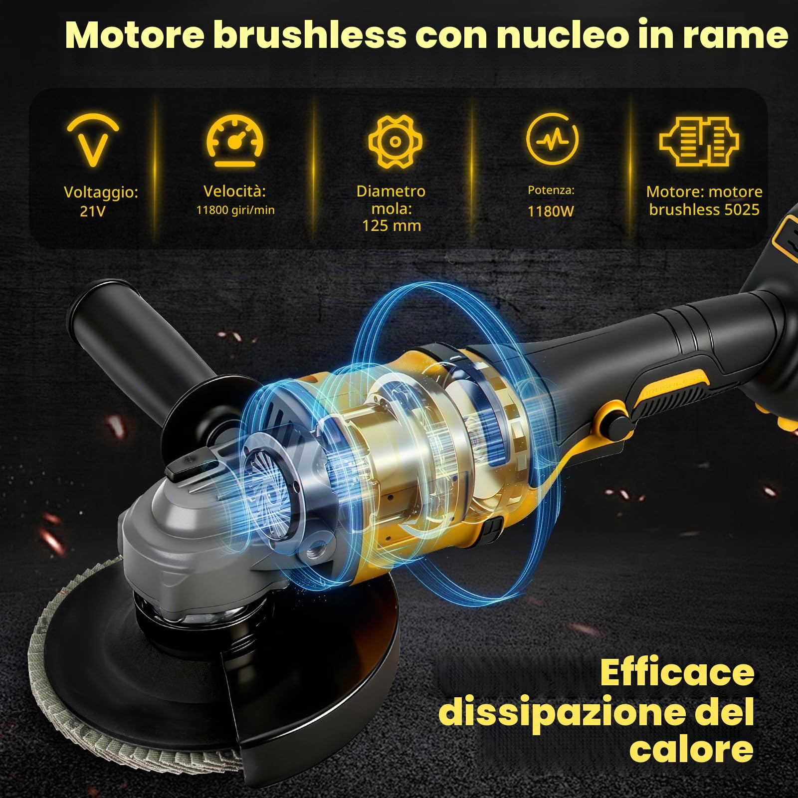 Smerigliatrice angolare compatibile con Dewalt batteria 18V, Ø125mm, Motore Senza Spazzole, 3 Velocità, Protezione Rapida, Manico Anti-Vibrazione, Incl. Dischi(senza batteria) (DW Giallo)