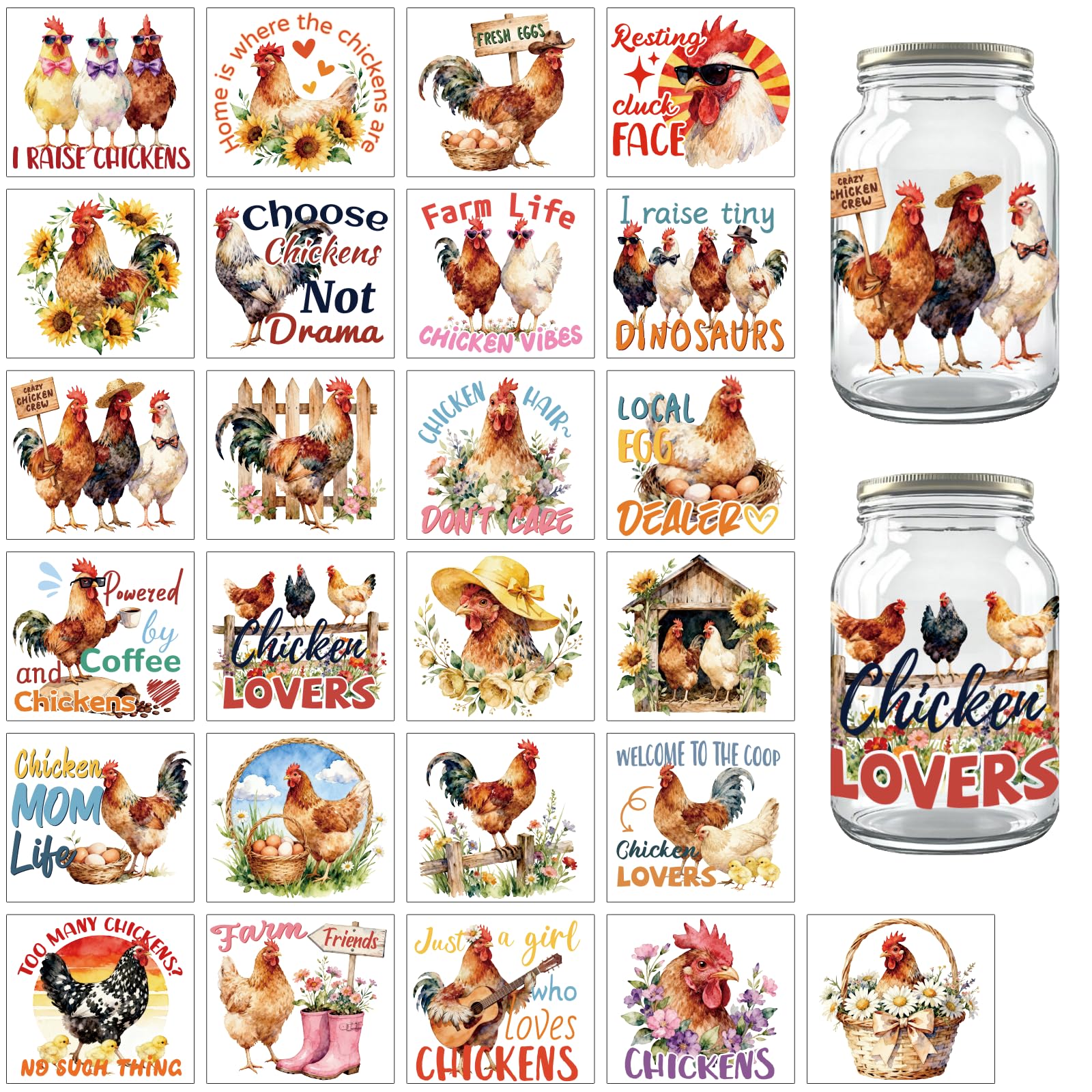 Peacoblue 25Pcs Chicken Farm with Flower Silhouette Cutouts Stickers for Crafts, Silhouette Stickers Decals for Jars Mason Can Glass Wall Window Lantern Christmas Room Door Office Home DIY Crafts