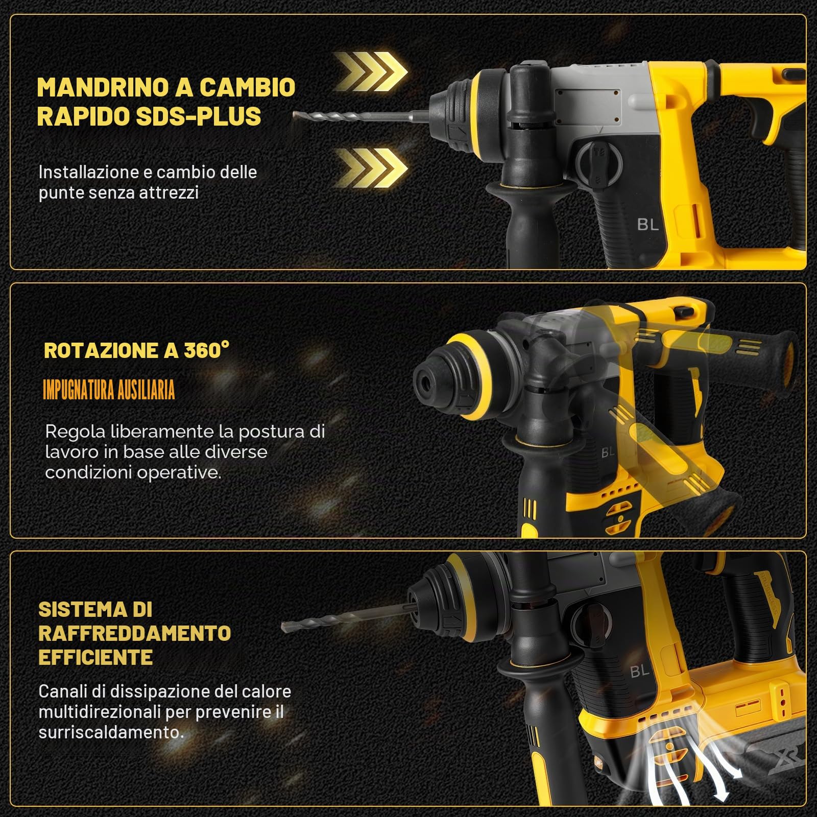 Roadtime 1250W Martello Combinato a Batteria e Trapano 2-in-1 Compatibile con DeWalt 20V (senza Batteria), Trapano Brushless 22 mm 3500 giri/min, Martello a Percussione da 3 J, Trapano Avvitatore