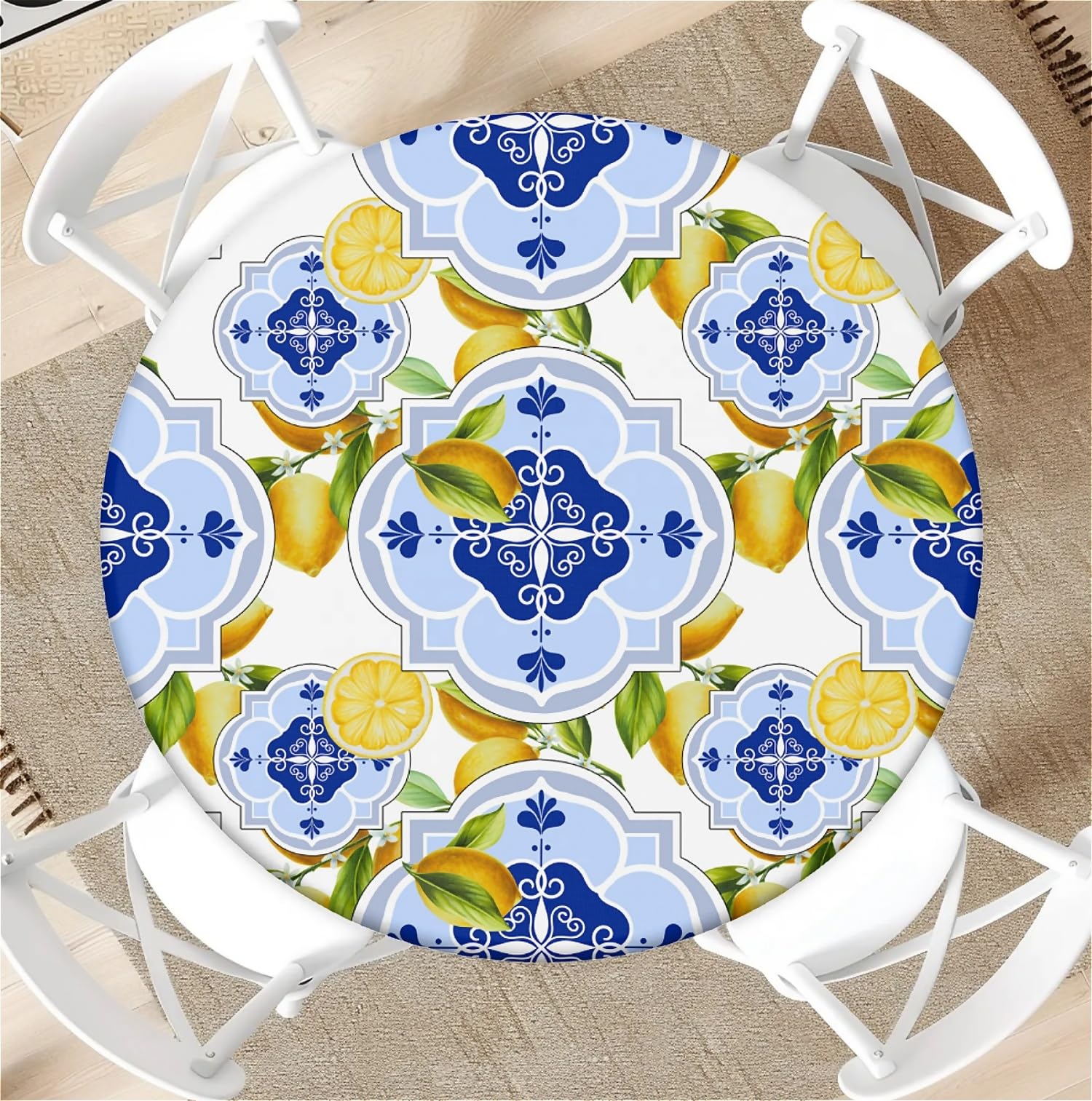 artslion Outdoor Round Tablecloth with Elastic Band 52In-130cm Elastic Garden Tablecloth with Lemon Blue Flower Pattern Fits 46"-50" Wide Tables โ image 1