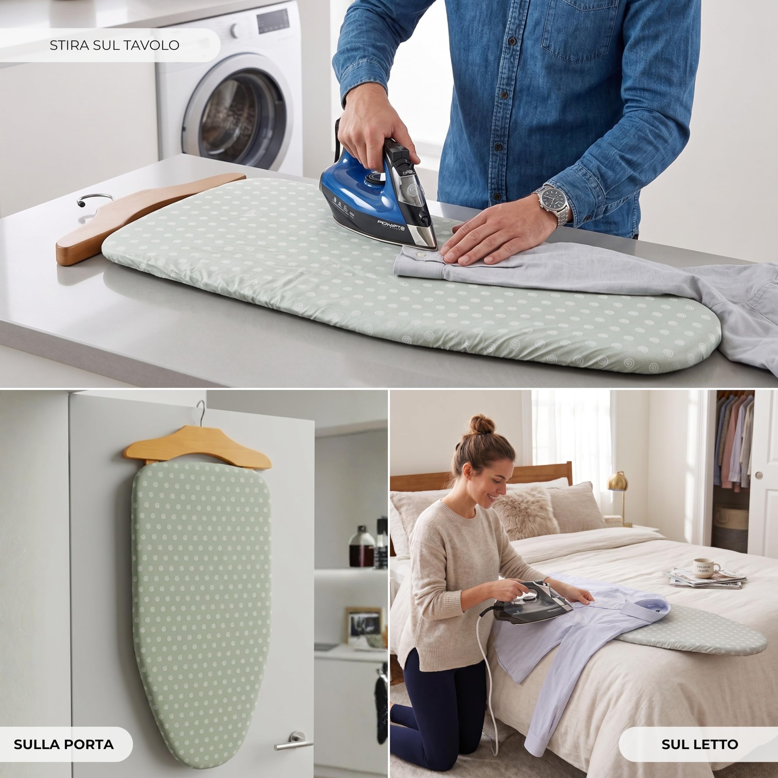 Erreke Asse da Stiro 2 in 1, Stiratura Verticale e Orizzontale, Letto | Stira su Tavolo. Porta e Armadio. Struttura in Legno di Faggio. Salvaspazio. Struttura Robusta. Facile da Riporre. Resistente