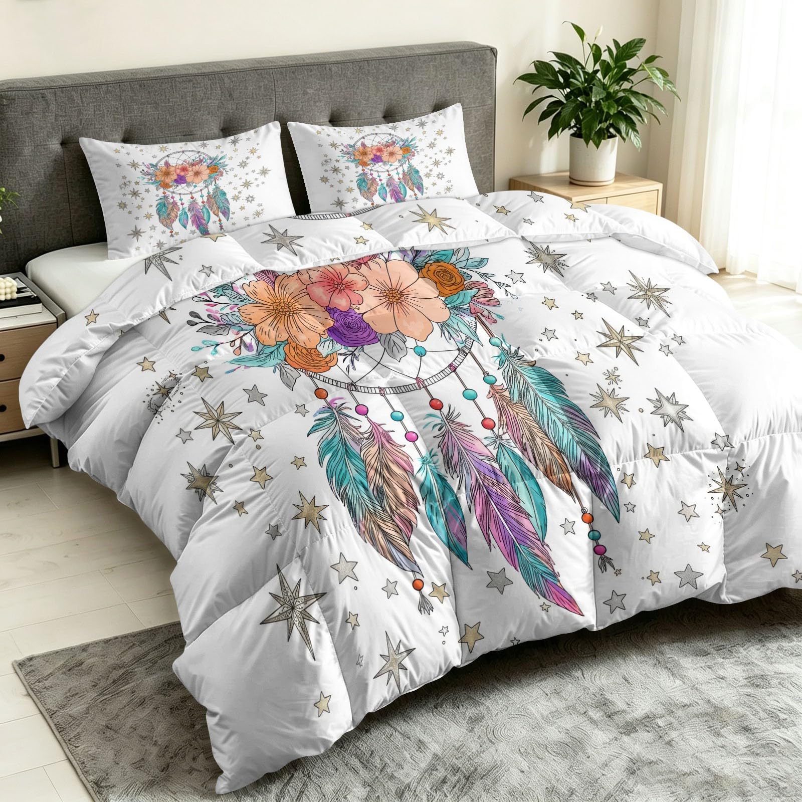 Poszewka na kołdrę bez poszewki, 240 x 220 cm, 7,5 Tog, dwustronna kołdra z 2 poszewkami na poduszki, miękka, przytulna, kwiatowa pościel w gwiazdki, na każdą porę roku, można prać w pralce, biała