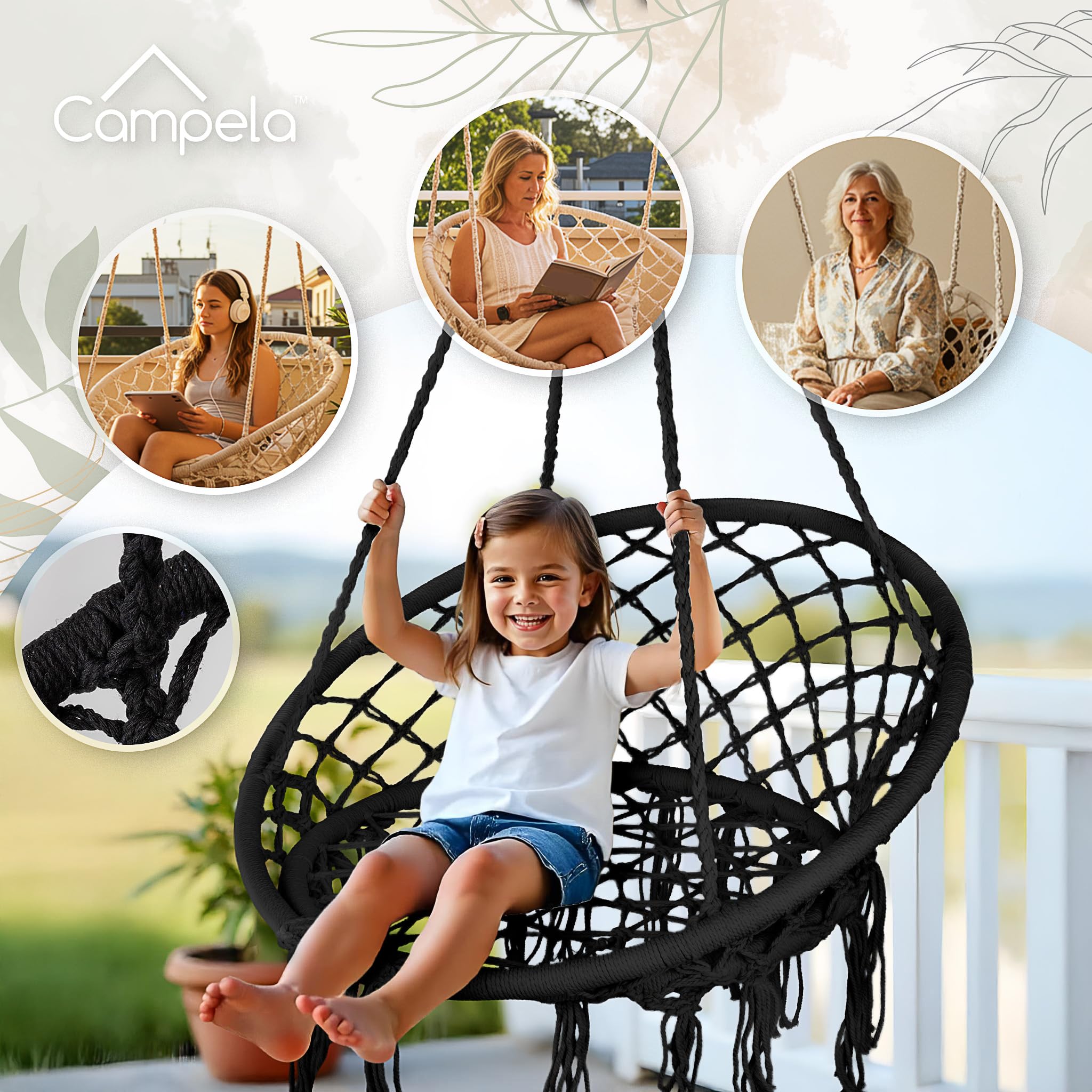 Poltrona Sospesa Boho Corda Macramè Nera 150 kg Seduta Ergonomica Sedia Amaca Rotazione 360°