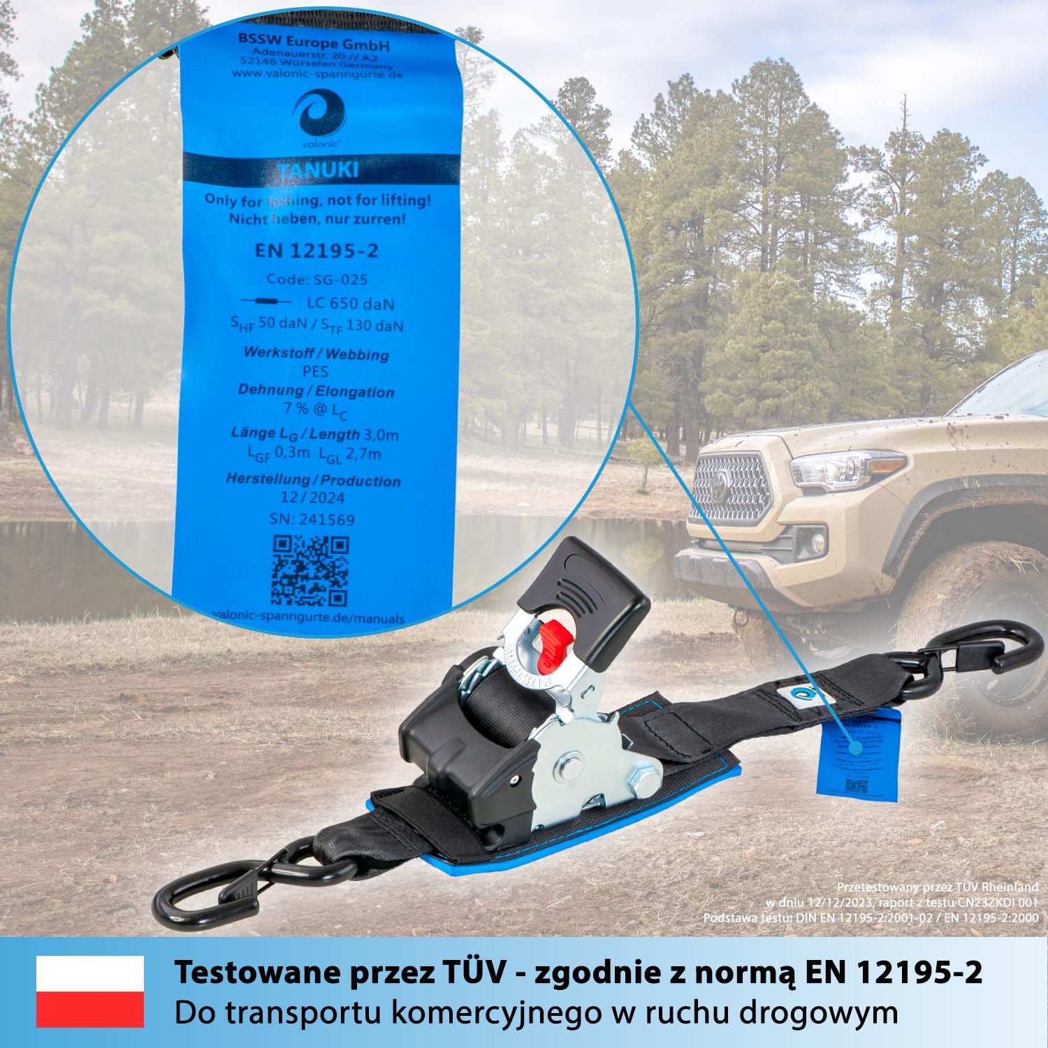 valonic TANUKI - 2x 3m XXL automatic ratchet tension strap, 50mm, 650/1300 Kg, wyściełany, EN-12195-2 - z grzechotką, czarny, pasek napinający do motocykli