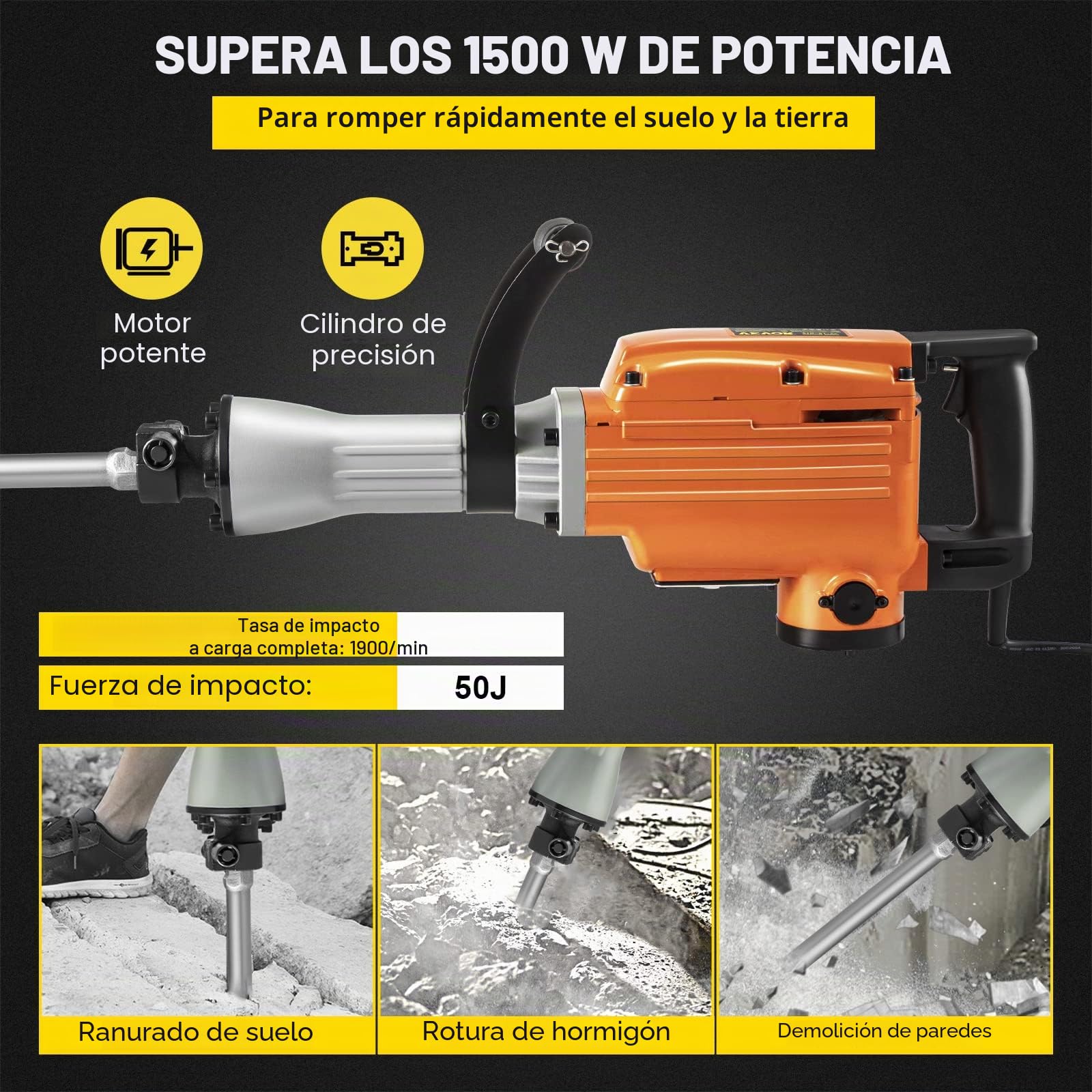 VEVOR Martillo demoledor eléctrico 1500 W 65 A Martillo demoledor con mango ergonómico giratorio a 360° para hormigón, ladrillos, estucos de azulejos, eliminación de cimientos de viviendas