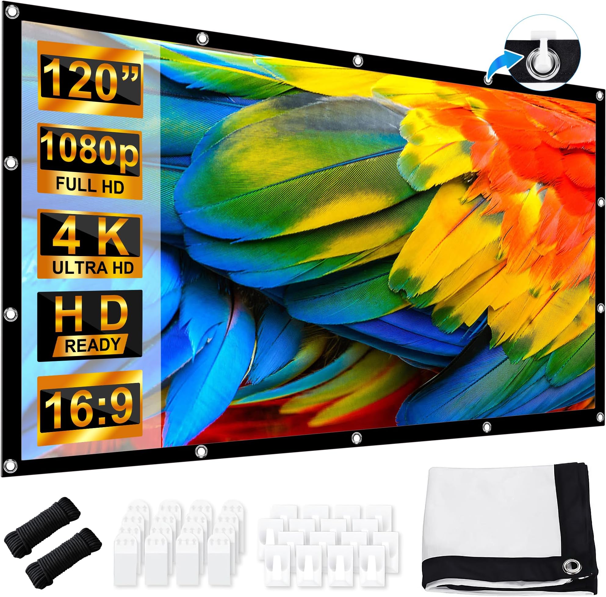 Projector Screen 120 Inch 16: 9 HD, Portable Foldable Anti-Wrinkle Projection Screen 275 x 156 cm, Double-Sided Projection, Projector Screen for Camping and Home Cinema