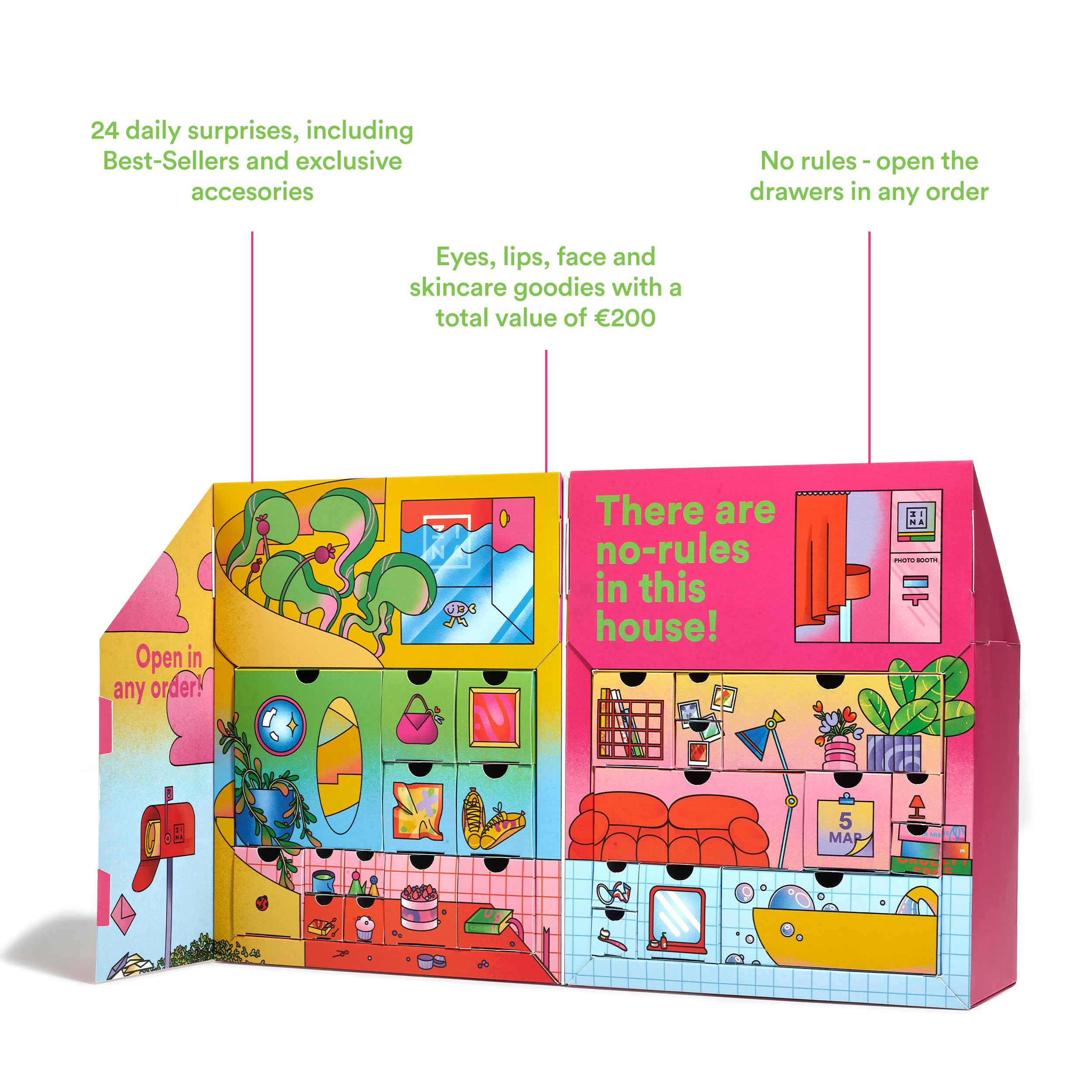3INA MAKEUP - The No-Rules House: 24 Days Of Color - Advent Calendar - Calendario dell'Avvento 2025 Make Up - Calendario dell'Avvento Cosmetici - Set con 24 sorprese - Vegan - Cruelty Free