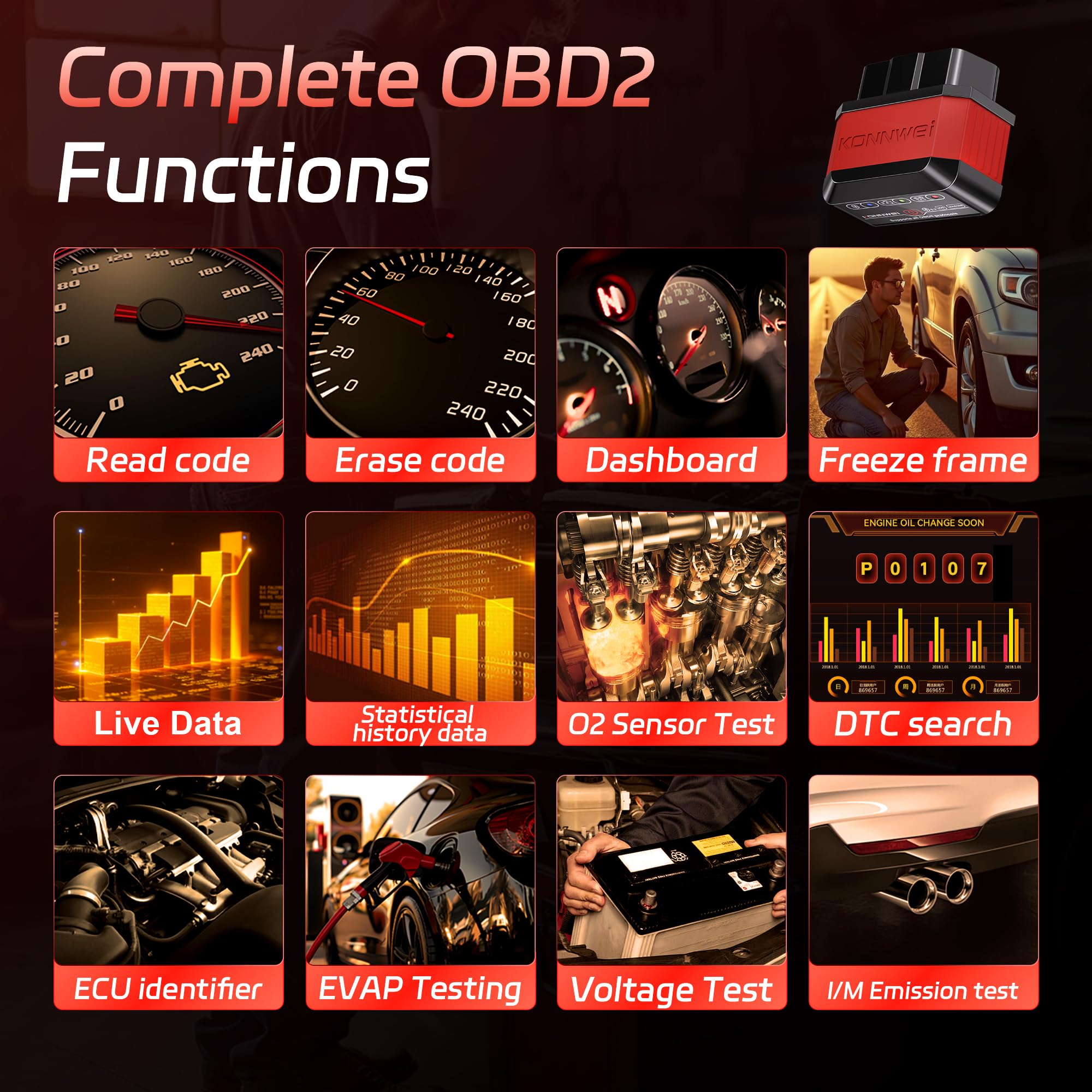 KONNWEI OBD2 Scanner Bluetooth 5.2,Wireless Auto Fixd Car Diagnostic Tool?Works with iOS/Android?Car Check Engine Car Code Reader, Clear Error Code ?Performance Test ?Applicable to 99% of Cars