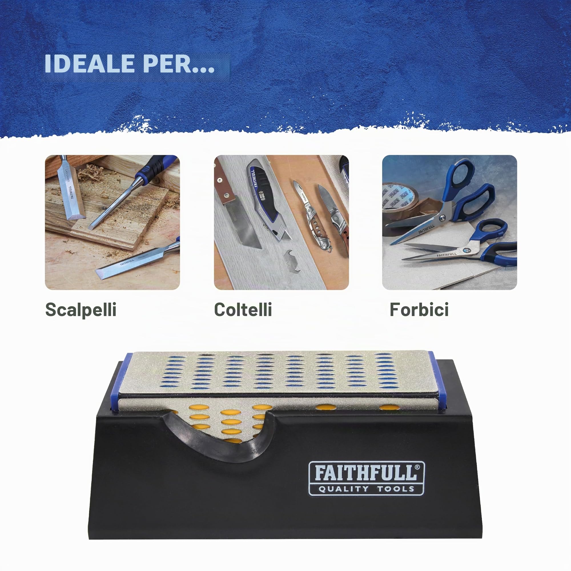 Pietra per affilatura diamantata Faithfull a 4 lati - Affilatrice per coltelli e utensili a grana quadrupla con base antiscivolo, grana 200G / 300G / 400G / 600G per scalpelli, pialle, forbici e lame