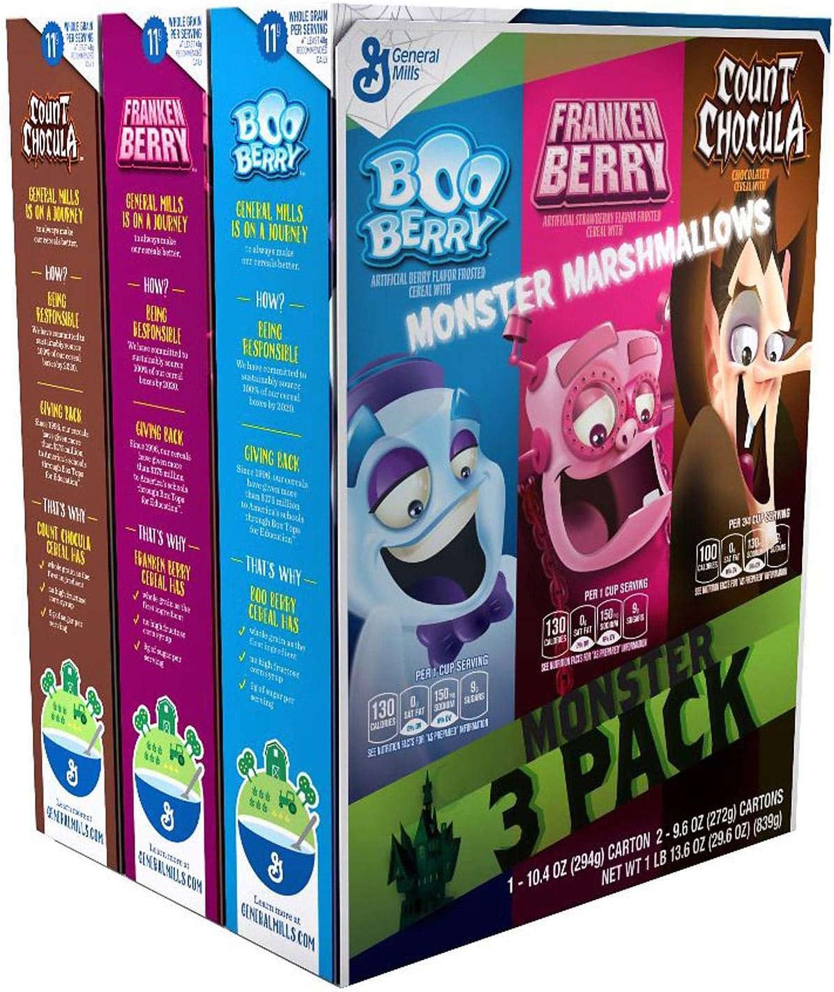 General Mills Monster Cereal 3-Pack with Monster Marshmallows(Boo Berry, Franken Berry, Count Chocula) 29.6 Ounce