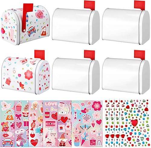 6 juegos de buzón de San Valentín para manualidades, 5 x 3 x 3.74 pulgadas, buzón de hojalata blanco con diamantes de imitación acrílicos,