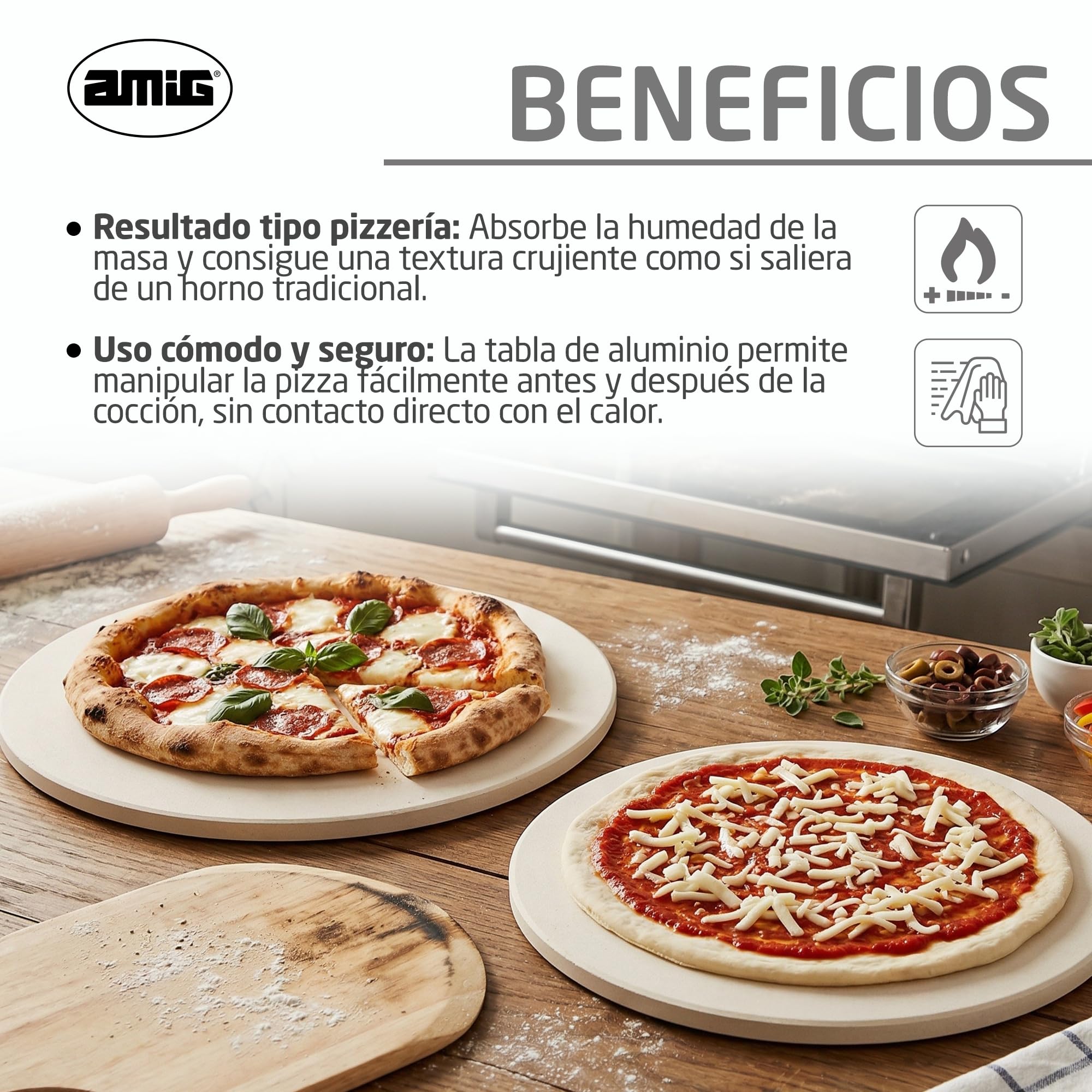 Amig – Pizza‑Set für Grill – Cordieritstein und Aluminiumplatte – Durchmesser Stein 33 cm – Durchmesser Platte 31,5 cm – Geeignet für Backofen und Grill – Mod. AM27