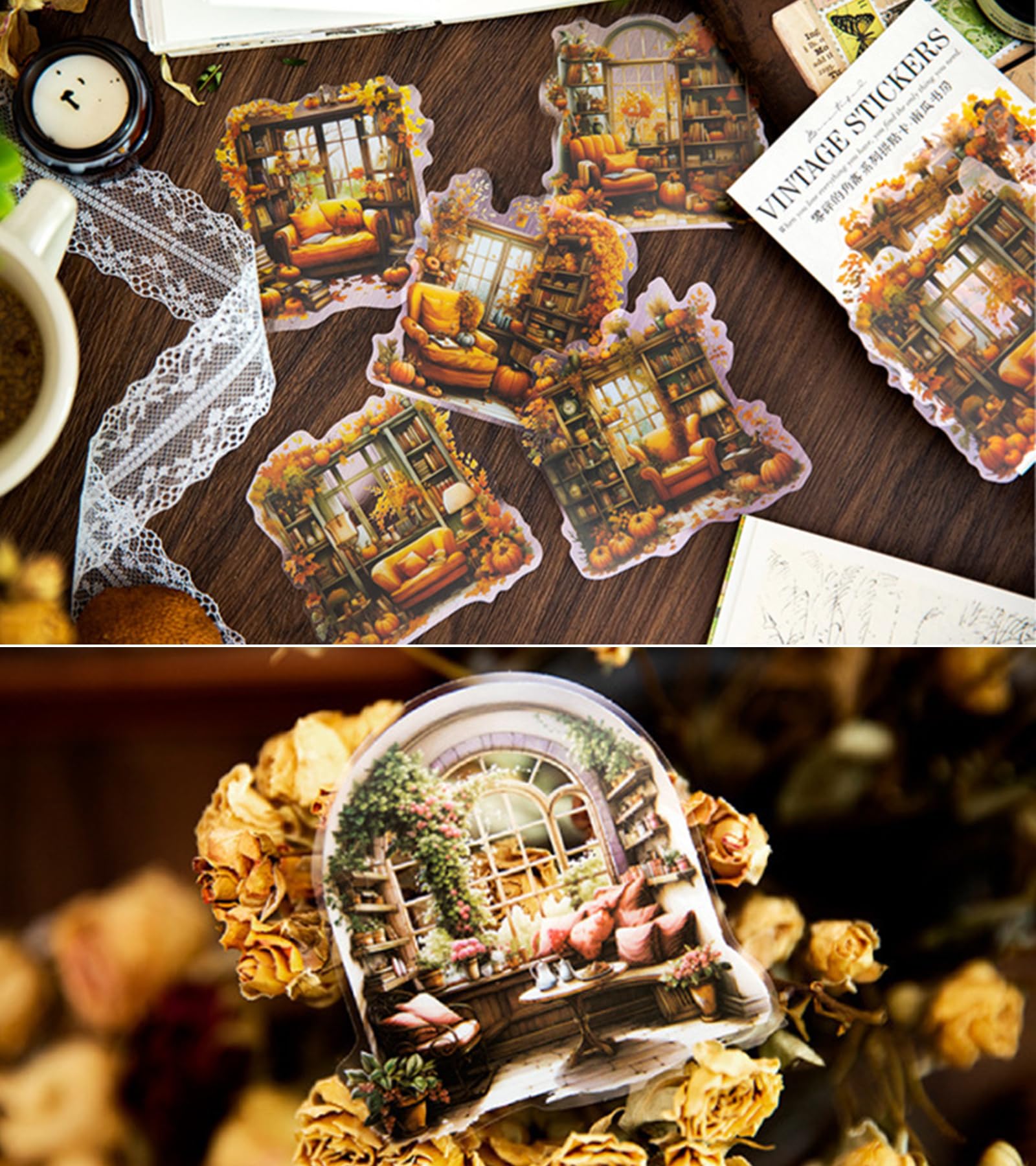 60 Stück Vintage-Scrapbooking-Zubehör, Blumenfenster, Scrapbook-Aufkleber, ästhetisches Papier für Tagebuch, Buch, Pflanze, Sofa, gemütliches Haus, Collage, Decoupage, dekorative Aufkleber für