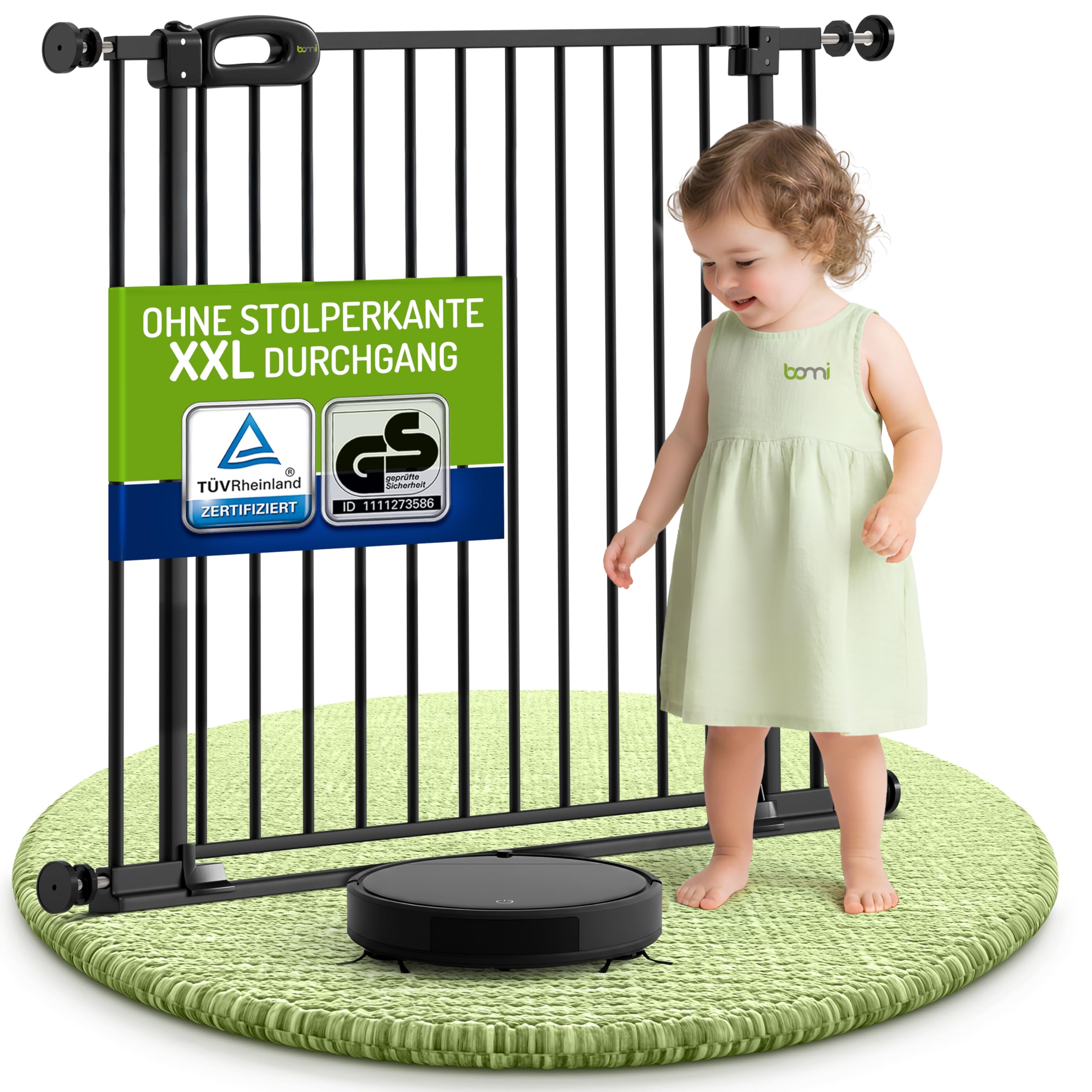 Bomi Treppenschutzgitter Merle Flatstep, Breite 79-87 cm | Türschutzgitter ohne Bohren, stabile Kindersicherung für Kind & Hund, TÜV geprüftes Hundegitter, Türgitter, Treppengitter, Metall Schwarz