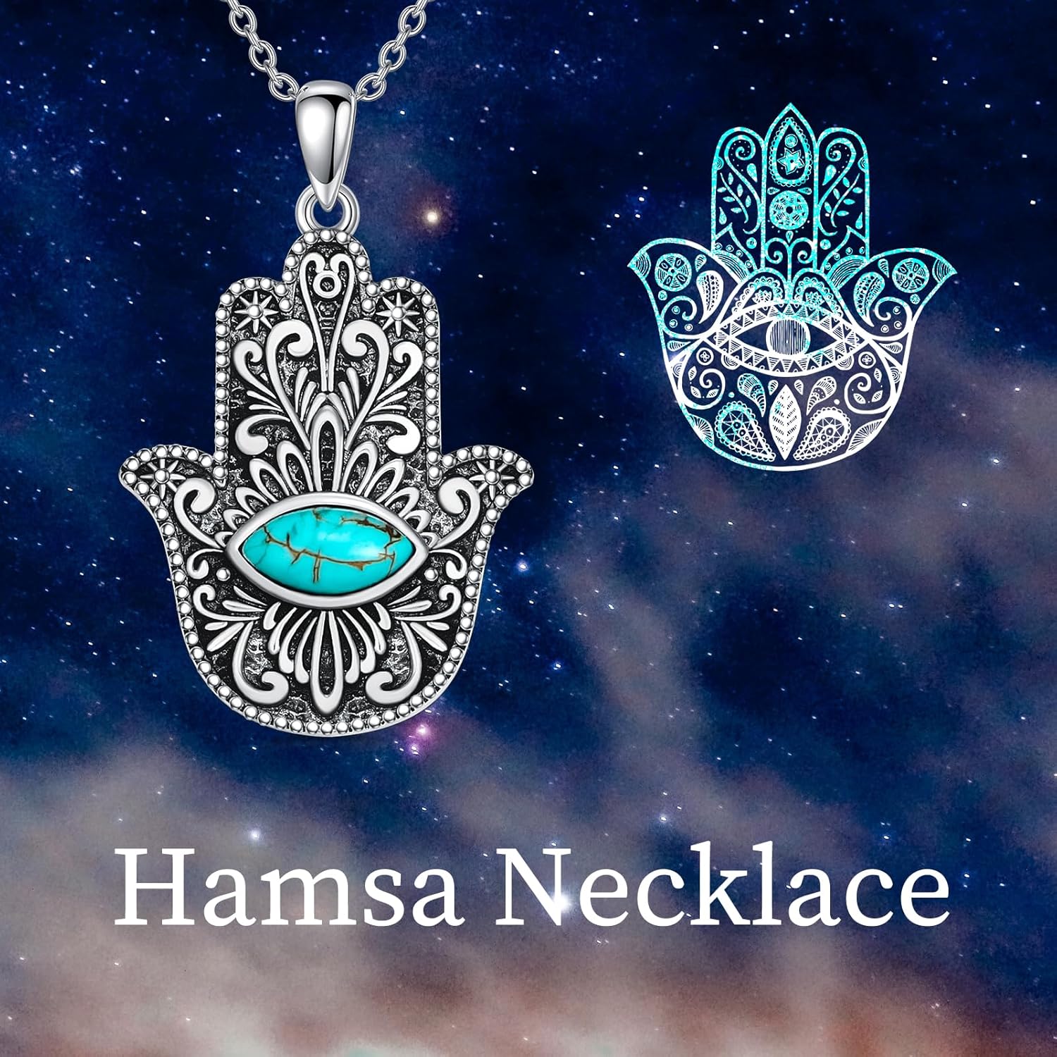 Turquoise Hamsa Necklace 925 Sterling Silver Hand of Fatima Evil Eye Pendant Vintage Turquoise Jewelry Gift for Women - Image 7