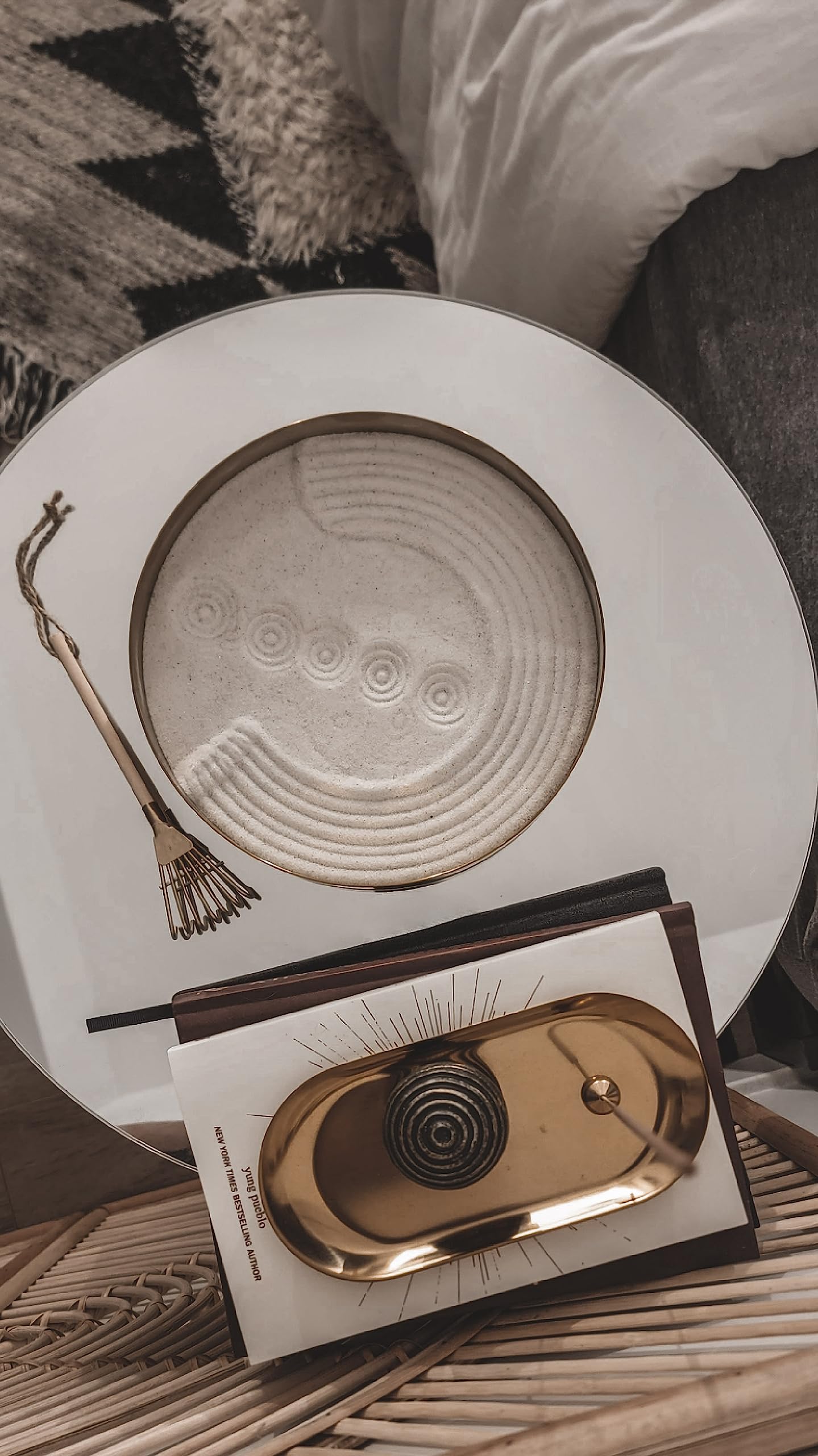 ZenSpace Brass Desk Zen Garden Kit - Safe Sand™, Meditation Set With Sphere, Rake & Incense Holder