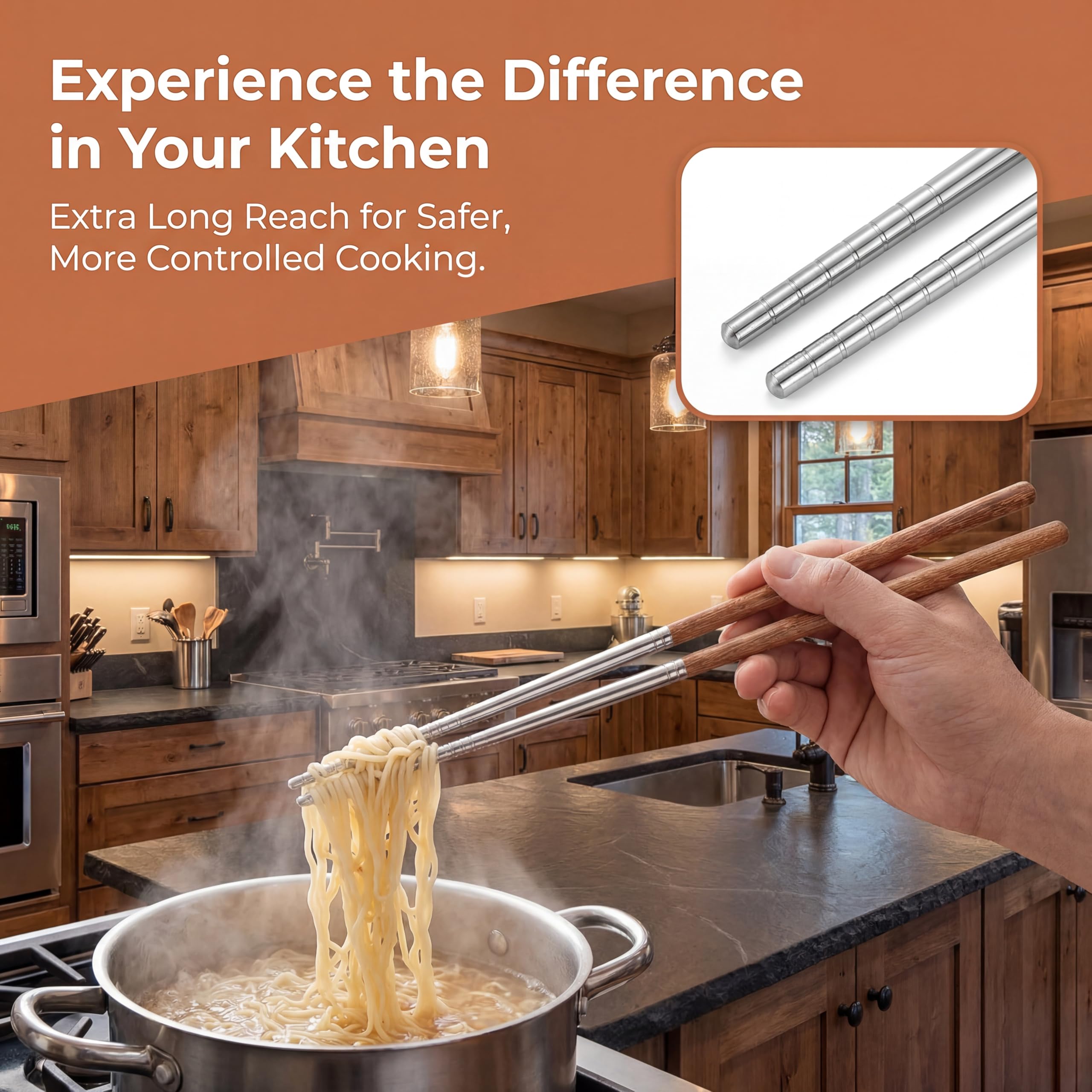 Kichvoe Long Cooking Chopsticks 15.75 " Stainless Steel with Wooden Handle — Amazon image 5