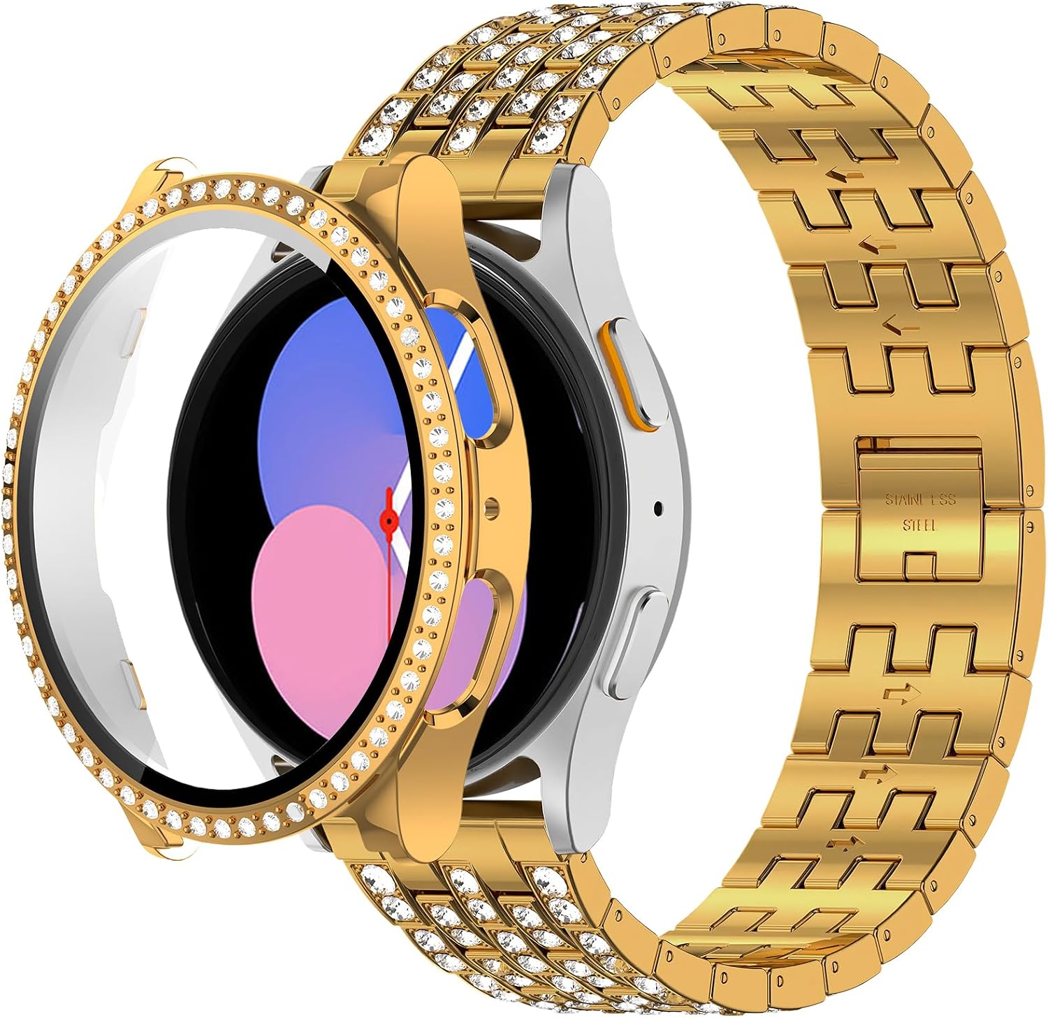 Compatible with Samsung Galaxy Watch 5 40mm 44mm Watch Band, 20mm Jewelry Bling Metal Strap with Rhinestone Case for Galaxy Watch 5, Women’s Dressy Protective Cover