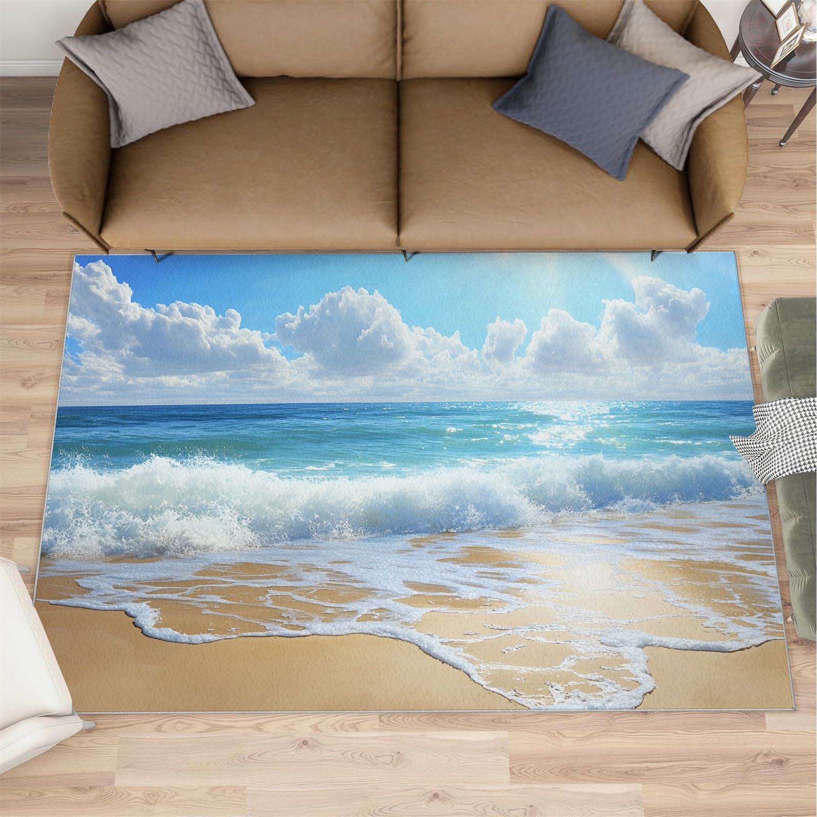 Tapis motif vagues océan lavable : égayez votre salon et chambre à coucher