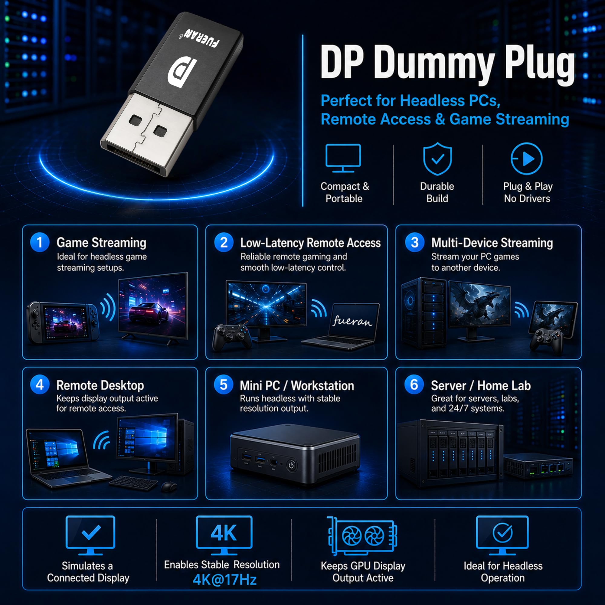 3 Pack DP Dummy Plug 4K@17Hz 1080P@60Hz,Displayport Dummy Plug — Amazon image 7