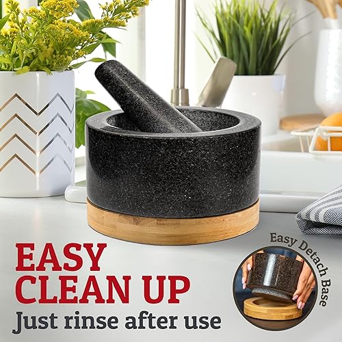 Miniatura 5 de Juego de mortero y mortero de alta resistencia con base de bambú, 4 tazas extragrandes, mortero de granito 100% natural y cuenco de molinillo de