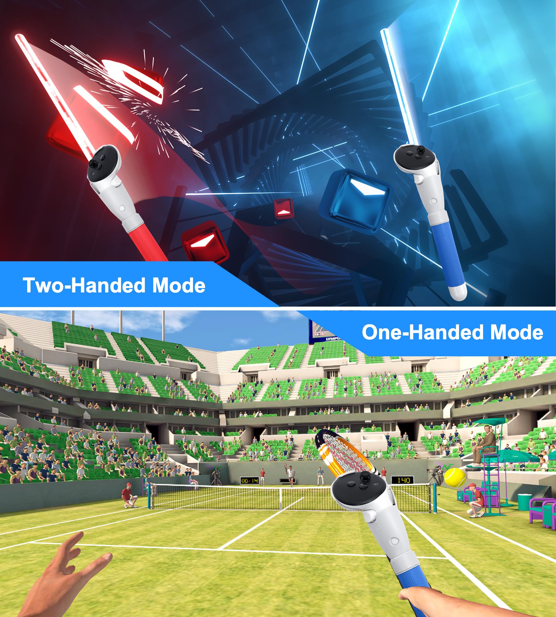 TRANSNOVO Griffaufsätze Kompatibel mit Meta Quest 3S/Quest 3/Oculus 3 Controller Zubehör, VR Gorilla Tag Long Arms Sticks, Beat Saber Handles, Verlängerungsgriffe für VR-Spiele (Rot und Blau)