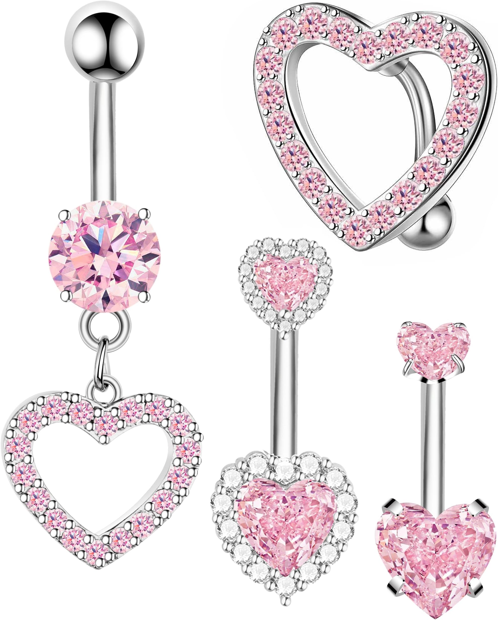 Nipple Ring and Belly Button Ring Set 14G Stainless Steel Sparkly Pink CZ Heart Bar Barbell Nipple Belly Piercing Body Jewelry