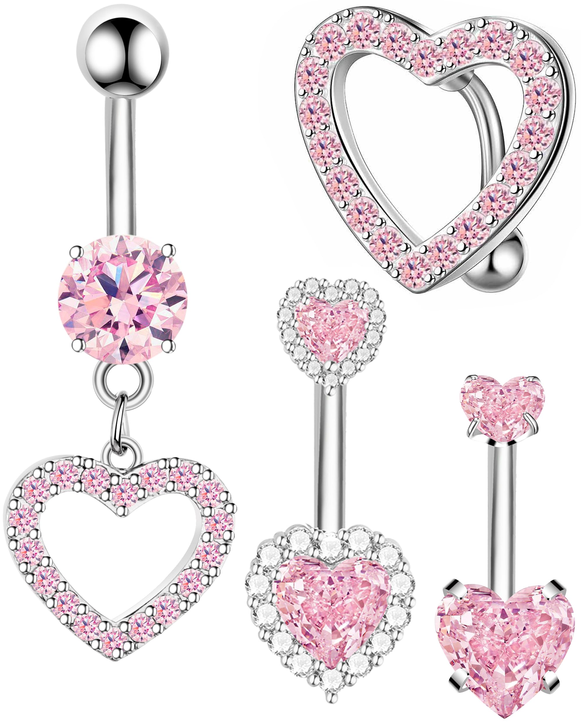 BSJ4UNipple Ring and Belly Button Ring Set 14G Stainless Steel Sparkly Pink CZ Heart Bar Barbell Nipple Belly Piercing Body Jewelry