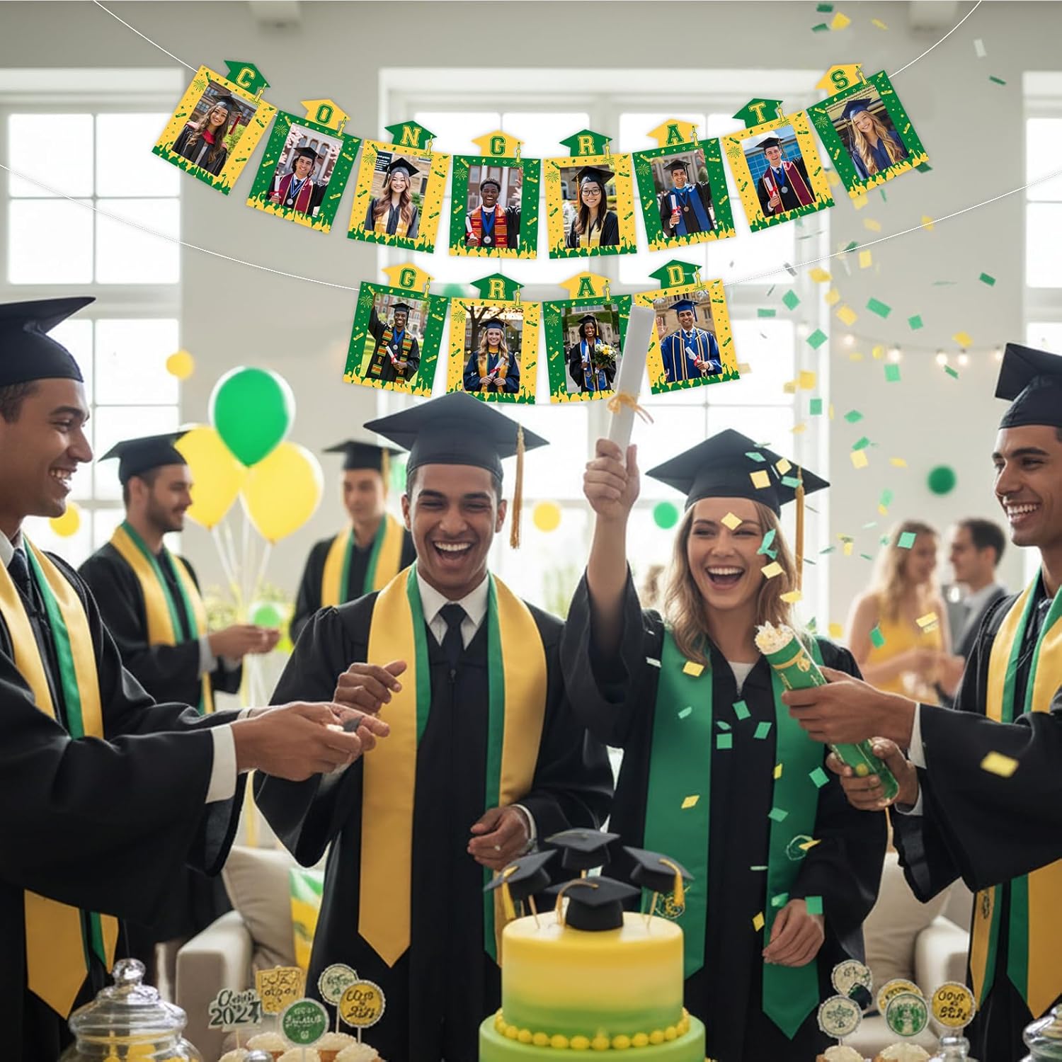Yellow and Green Graduation Photo Banner Congrats Grad Photo Cards Banner Fireworks Bachelor Cap DIY Picture Hanging Decor Grad Photos Props for Girls Boys Graduation Party Supplies - Image 3