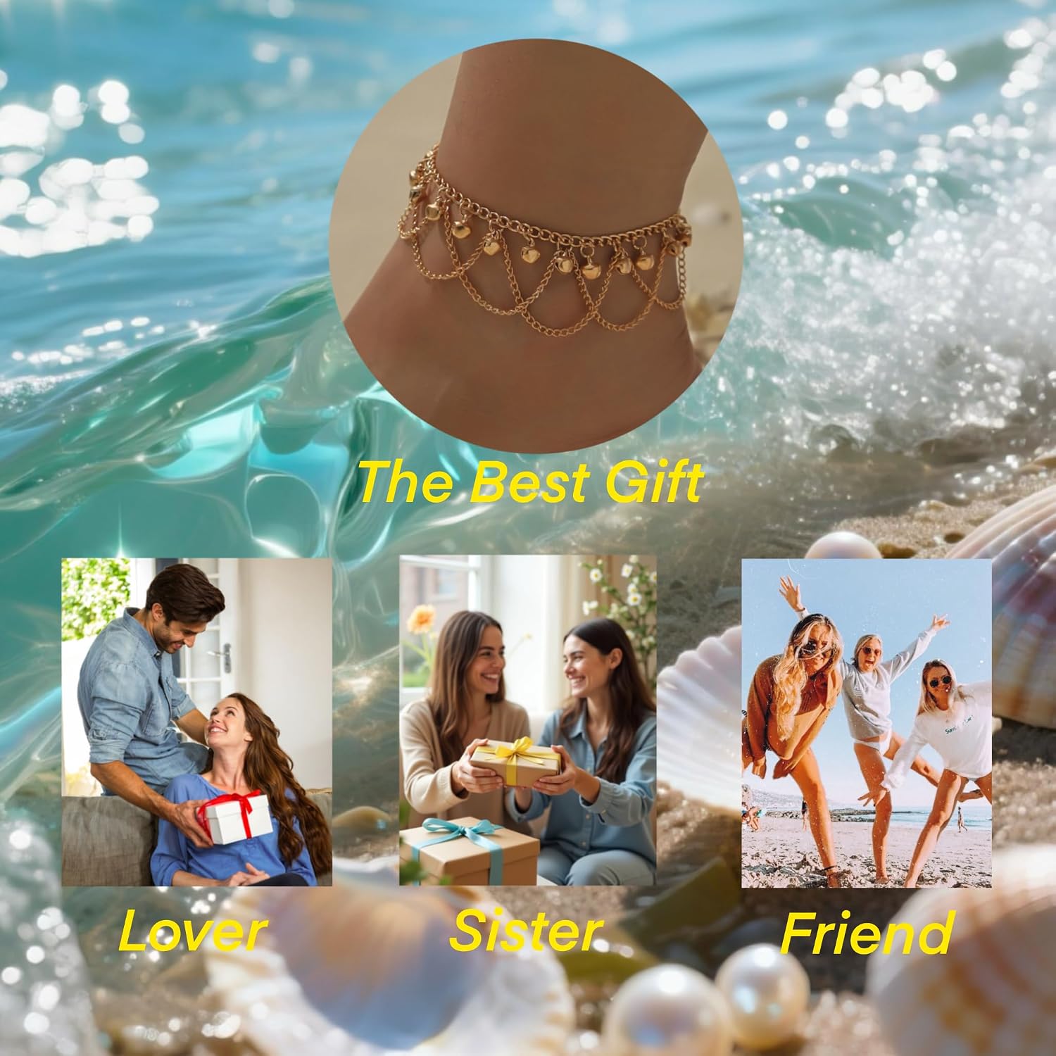 Boho Summer Beach Anklet Set for Women｜Gold Bell/Cherry/Starfish/Turquoise/Shell – Non Tarnish Waterproof Adjustable Ankle Bracelets with Gift Pouch｜Vacation Cherry Foot Jewelry for Women