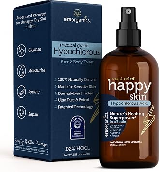 Happy Skin .02% Hypochlorous Acid Spray Toner Extra Strength, Extra Gentle 100% Natural Toner & Skin Cleanser for Face & Body Soothe, Hydrate & Repair Dry, Sensitive Skin pH Balanced, Non-Toxic 8oz