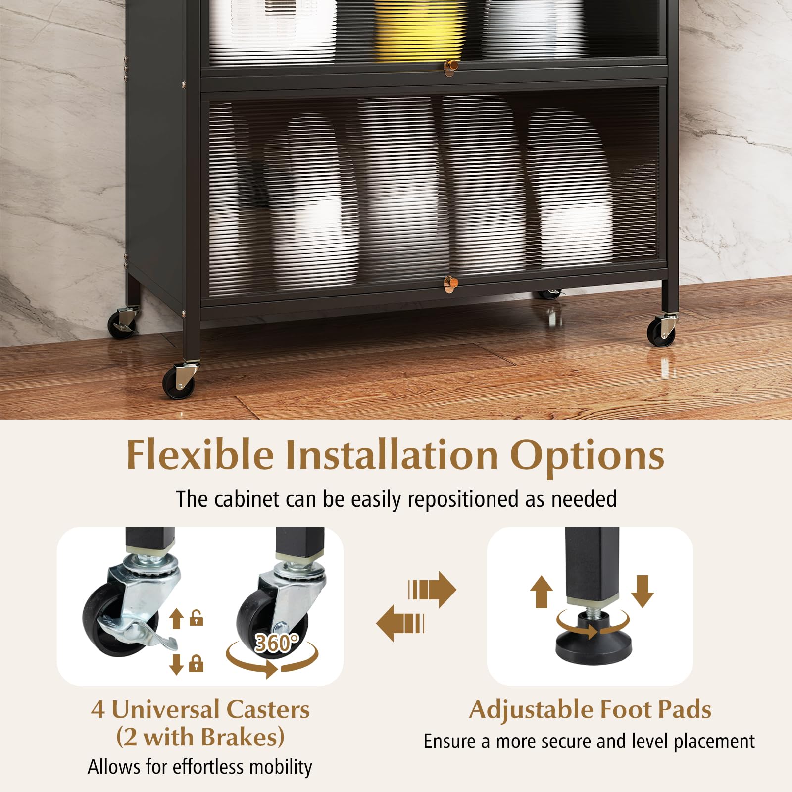 FANTASK Küchenschrank, Küchenregal auf Rollen mit Arbeitsplatte, Lochwand, Haken, transparenten Türen, Buffetschrank für Mikrowelle, Hochschrank für Küche, Esszimmer (Schwarz, 80 x 40 x 178 cm)