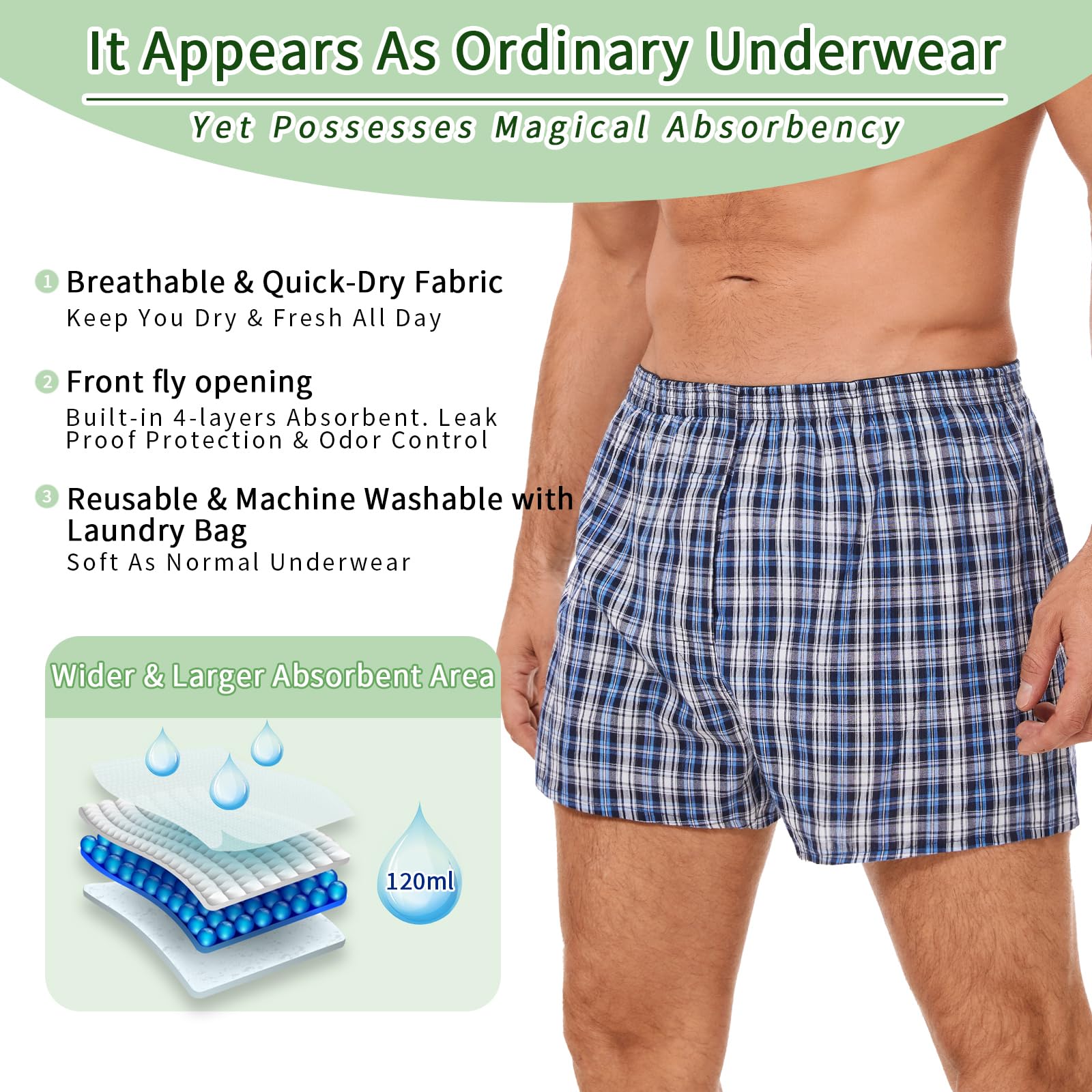 ShieldEase Incontinence Underwear for Men Washable - Reusable Boxer Briefs with Front Fly, Front & Rear Leak Proof, 120ml Absorbency (2 Pack, Plaid Blue White+Blue Green, L)