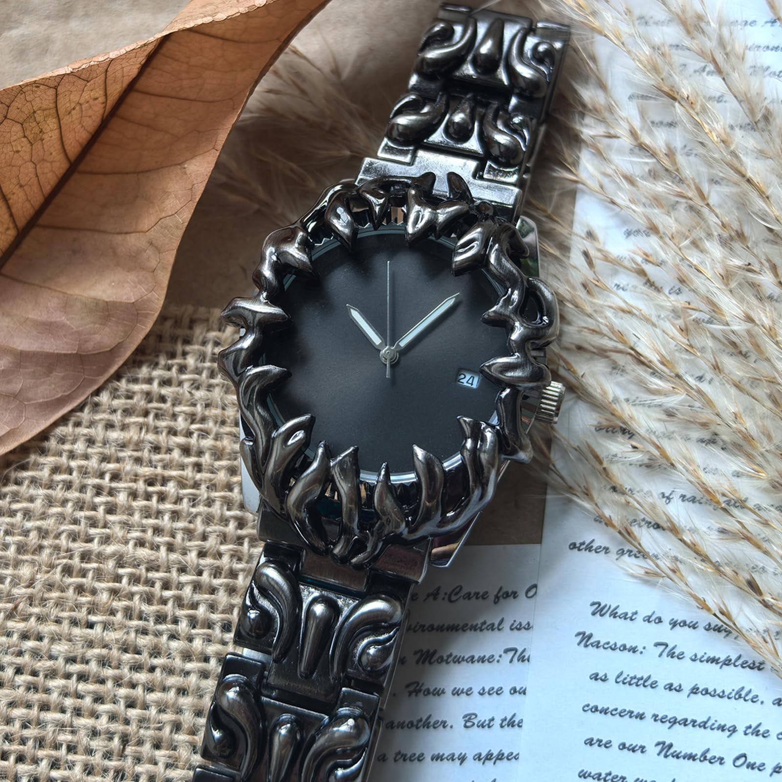 JewelryWe Orologio punk Y2K nero: orologio da polso analogico da uomo al quarzo in lega con lancette luminose, datario, cinturino rimovibile, quadrante scuro, senza segni, stile casual, gotico