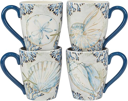 Miniatura 4 de Playa Shells - Juego de vajilla costera de 16 piezas para 4 – Platos de cerámica, cuencos y tazas con arte de concha de playa – Ideal para cenas