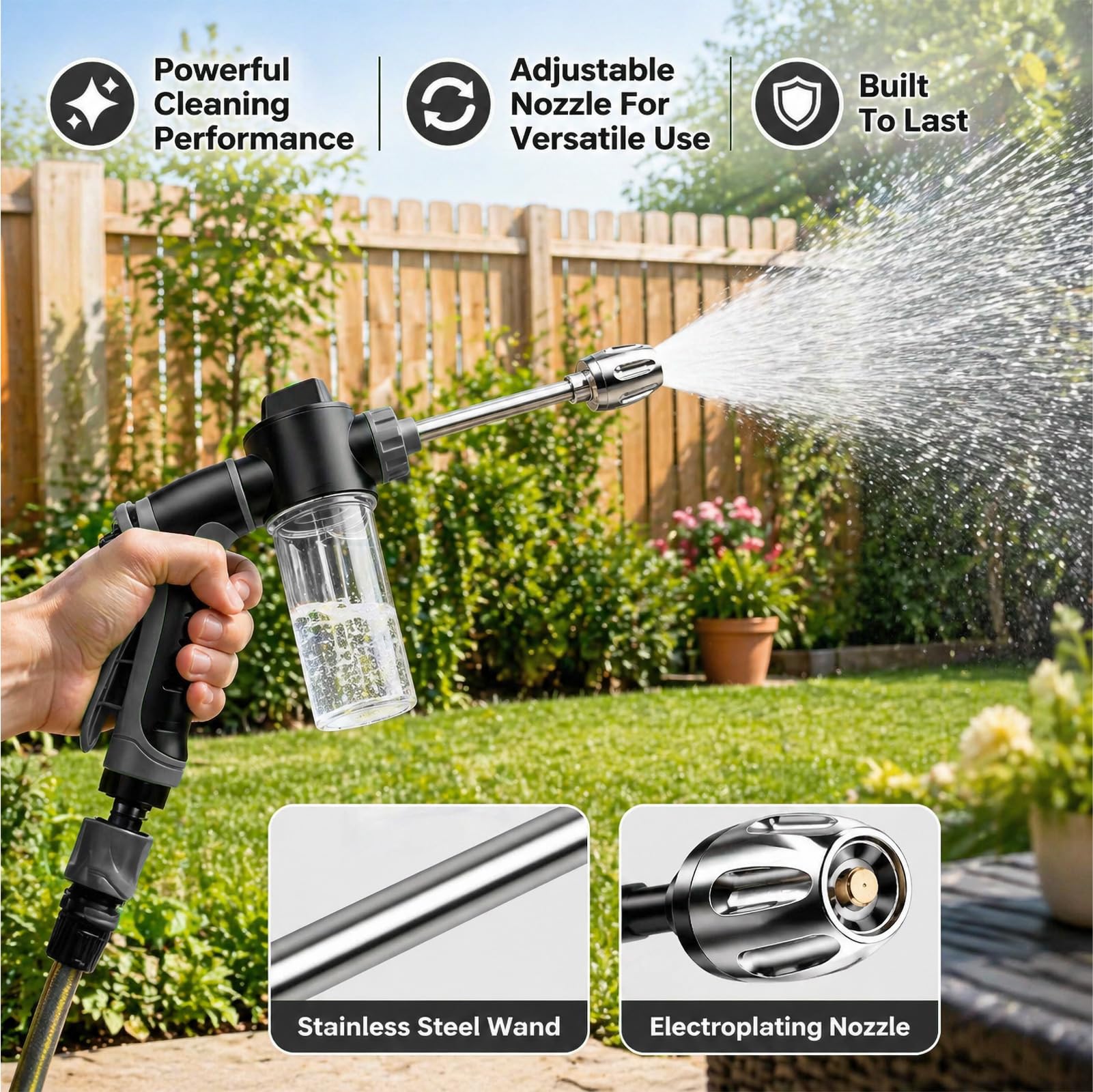 Jetterix Lancia Idropulitrice Portatile con Serbatoio Schiuma, 3 Getti Regolabili e Tubo Allungato – Per Auto, Terrazzi e Giardino