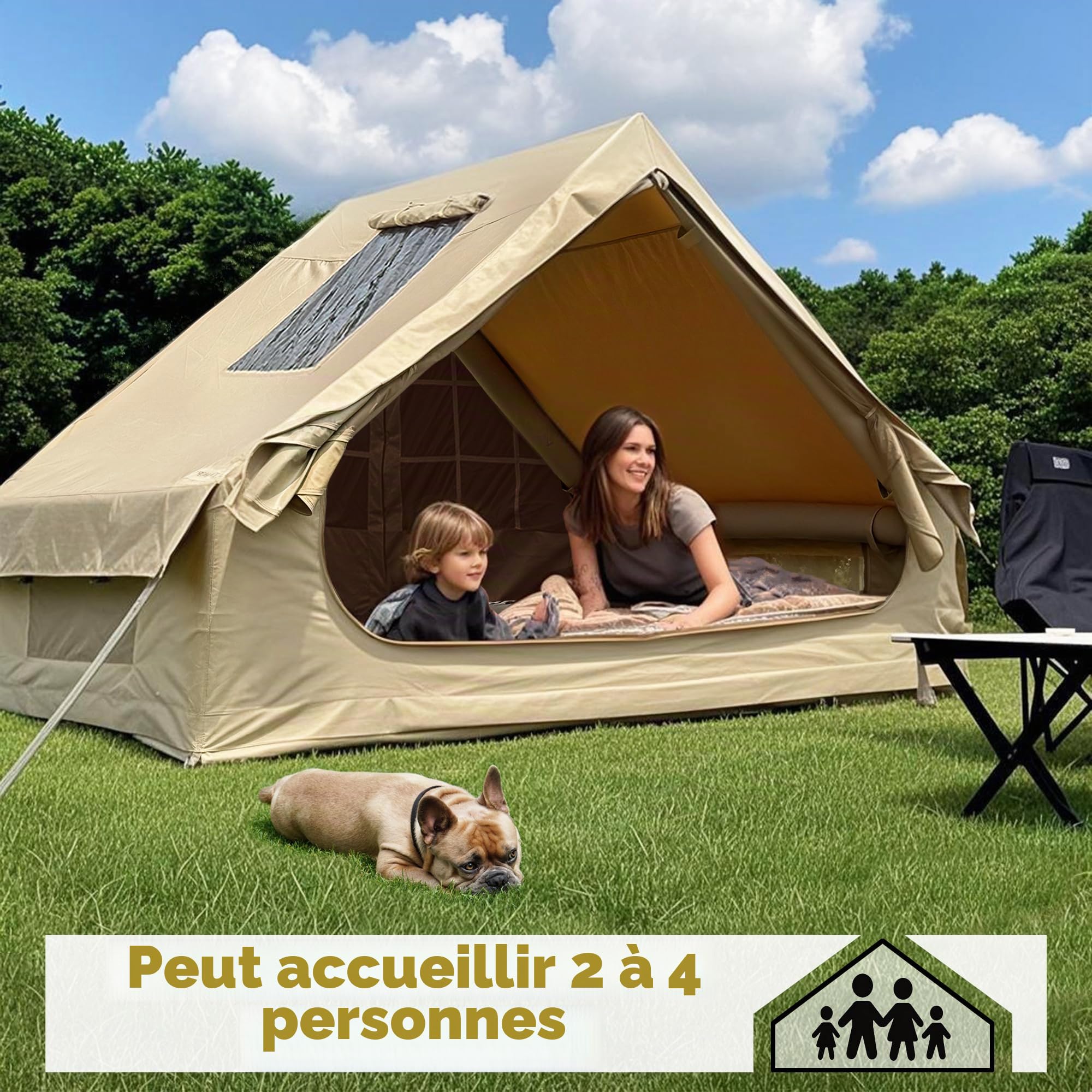 Tente gonflable pour 4 personnes, en tissu Oxford 600D, avec mouche de pluie et pompe à air, installation facile